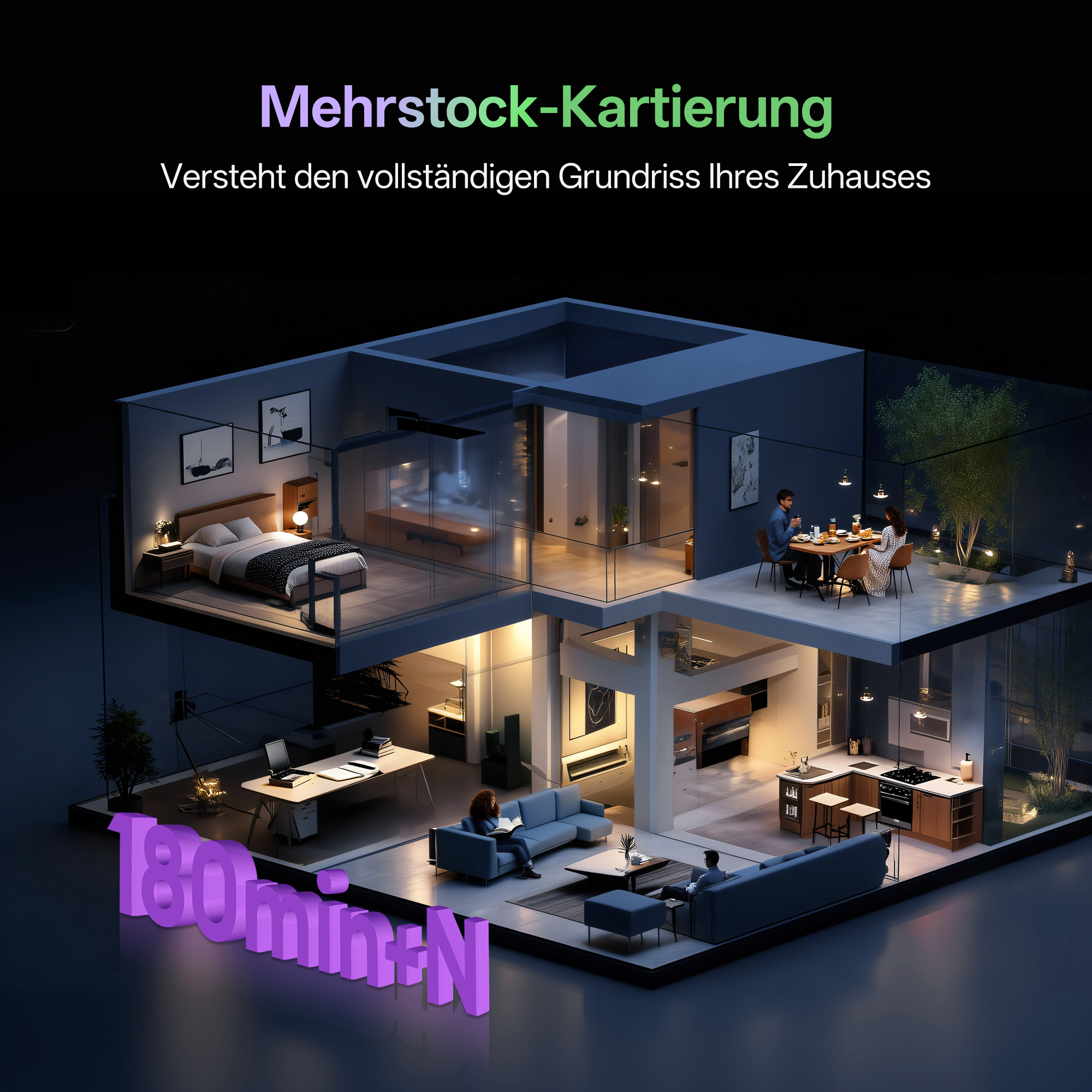 3D-Modell eines mehrstöckigen Hauses mit Möbeln und Menschen beim Essen, Arbeiten und Entspannen.