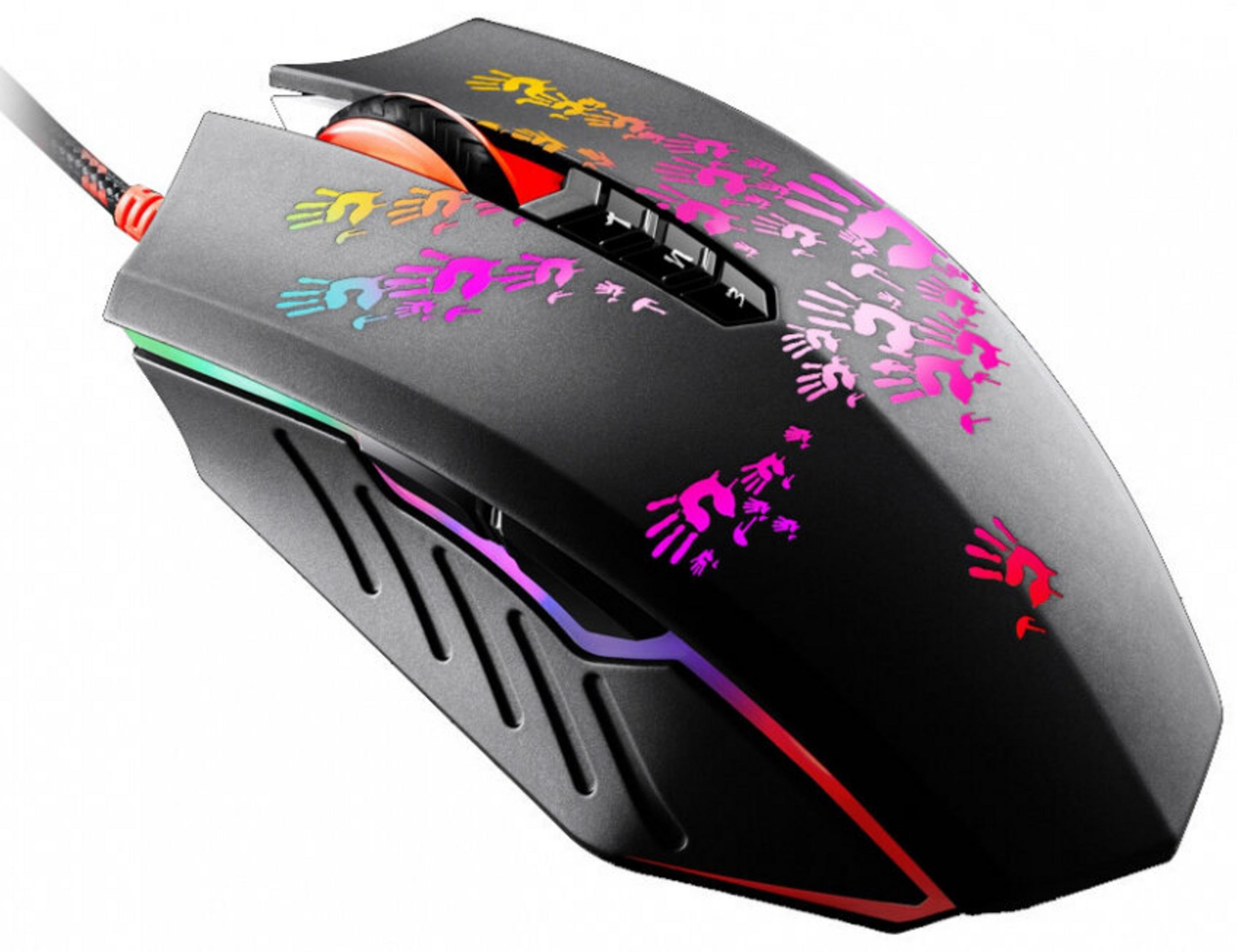 Un mouse da gaming nero con decalcomanie colorate a forma di mano e illuminazione RGB.