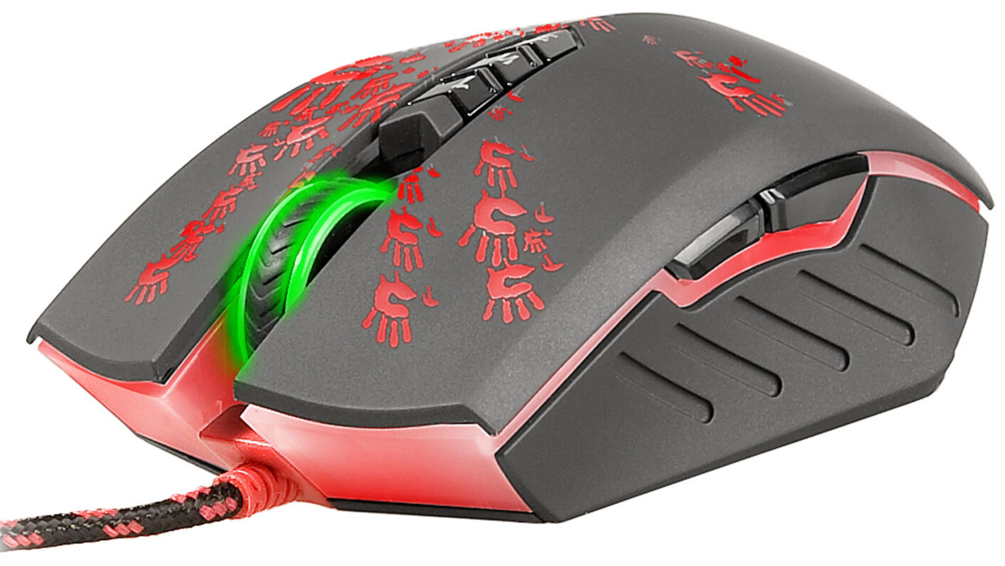 Un mouse da gaming nero con impronte rosse e rotellina illuminata di verde.