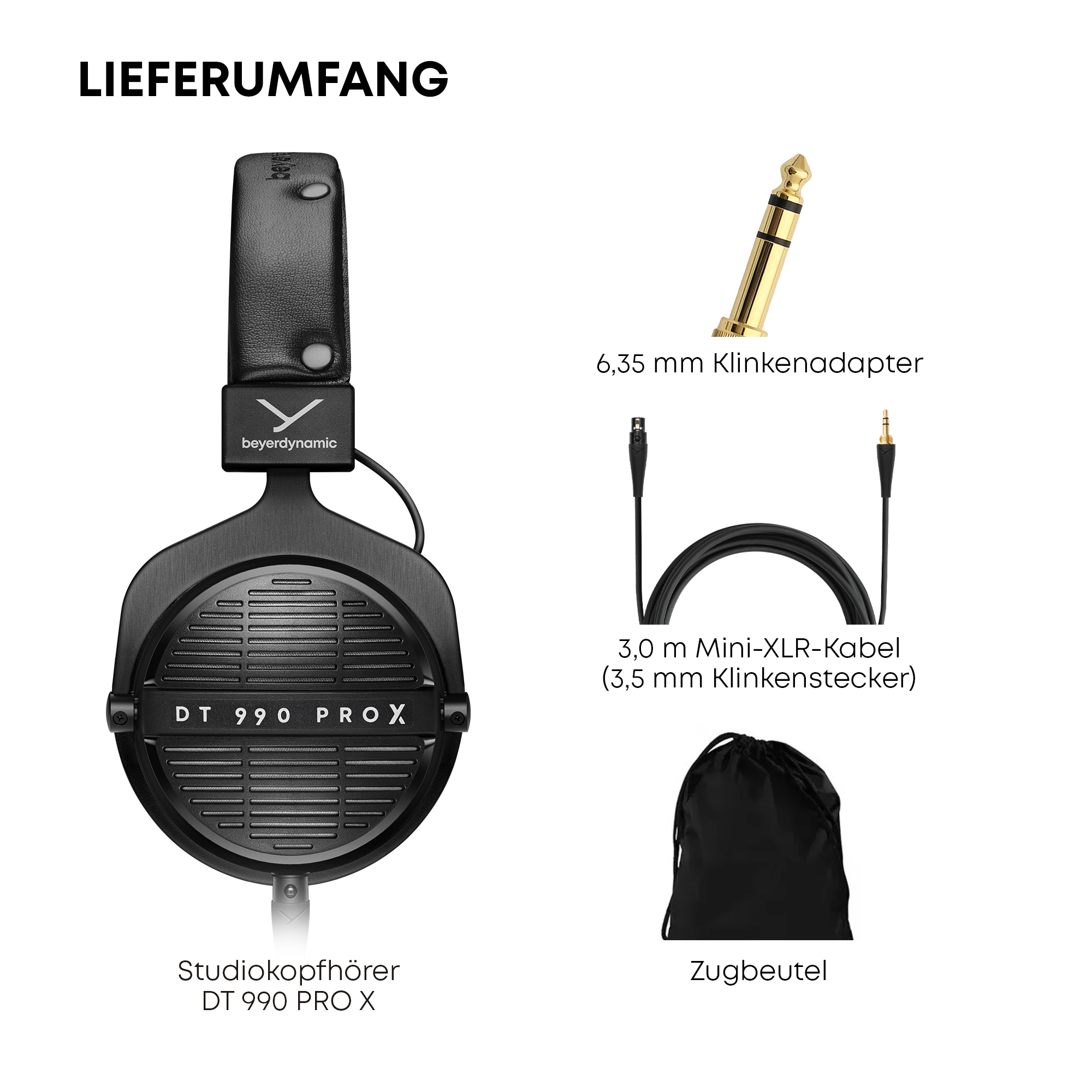 Lieferumfang: Beyerdynamic Kopfhörer, Kabel, Adapter und Beutel.