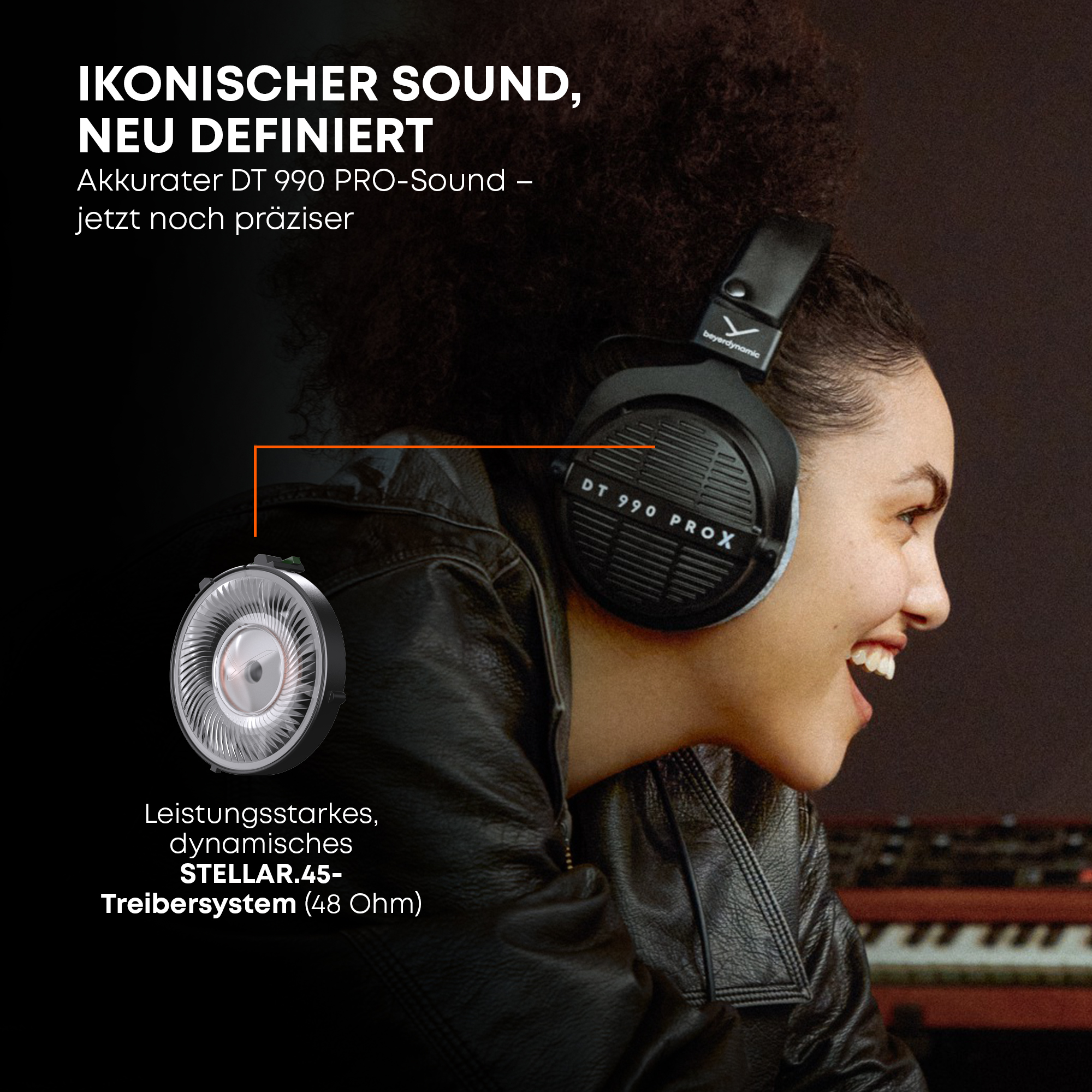 Frau trägt Beyerdynamic DT 990 PROX Kopfhörer. Nahaufnahme des Treibers.