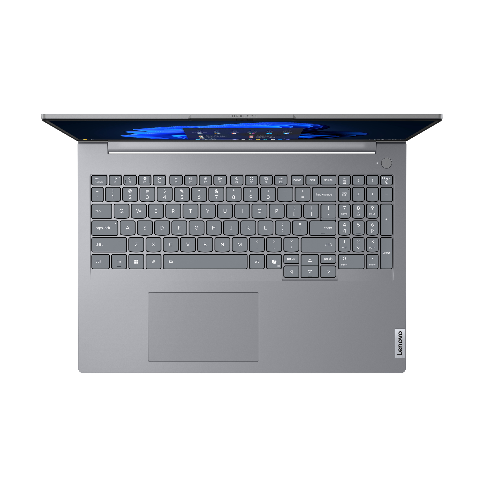 Un laptop Lenovo Thinkbook grigio è aperto, mostrando una tastiera e uno schermo con sfondo blu.