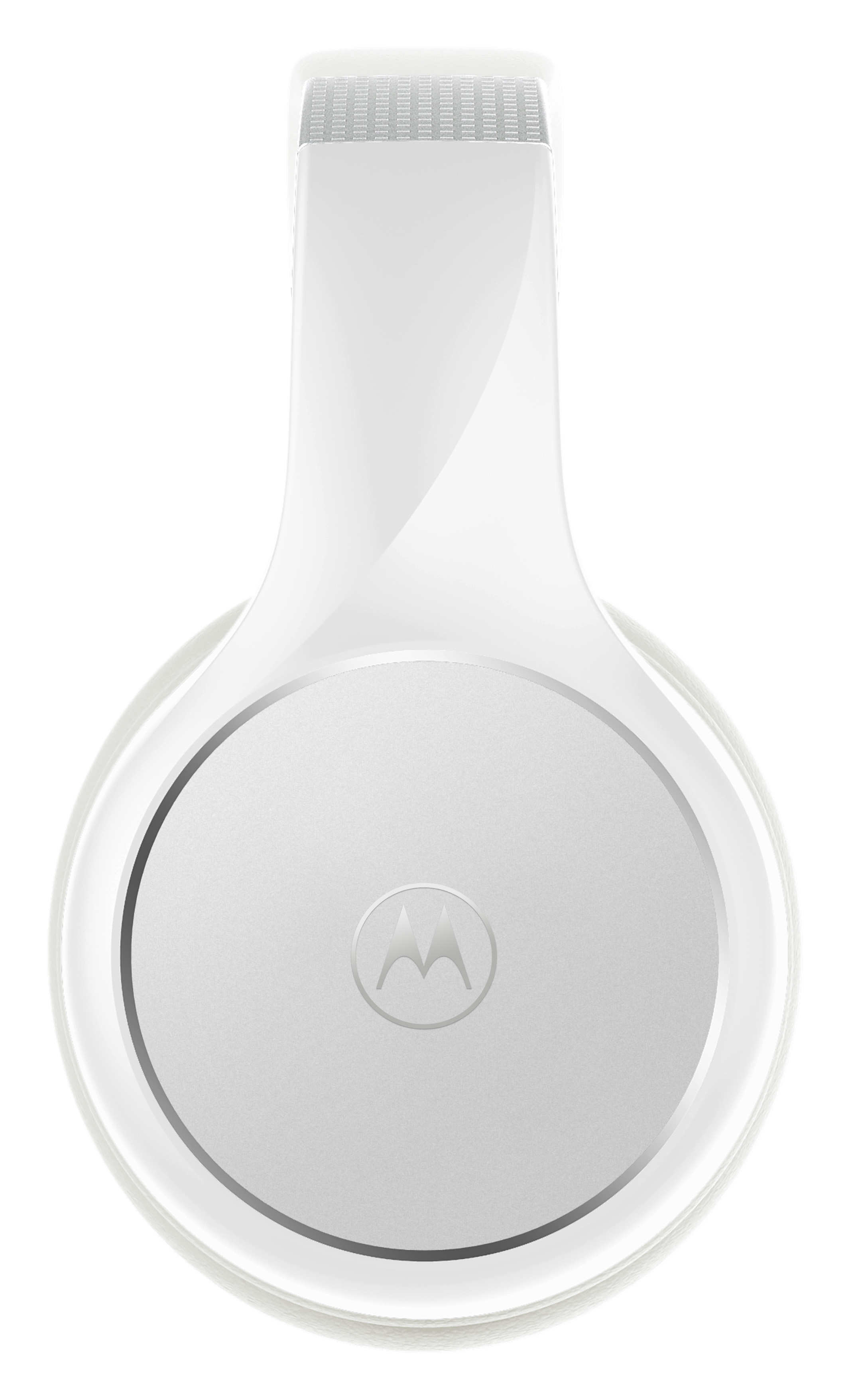 Cuffie Motorola bianche con accenti argentati e parte superiore testurizzata.