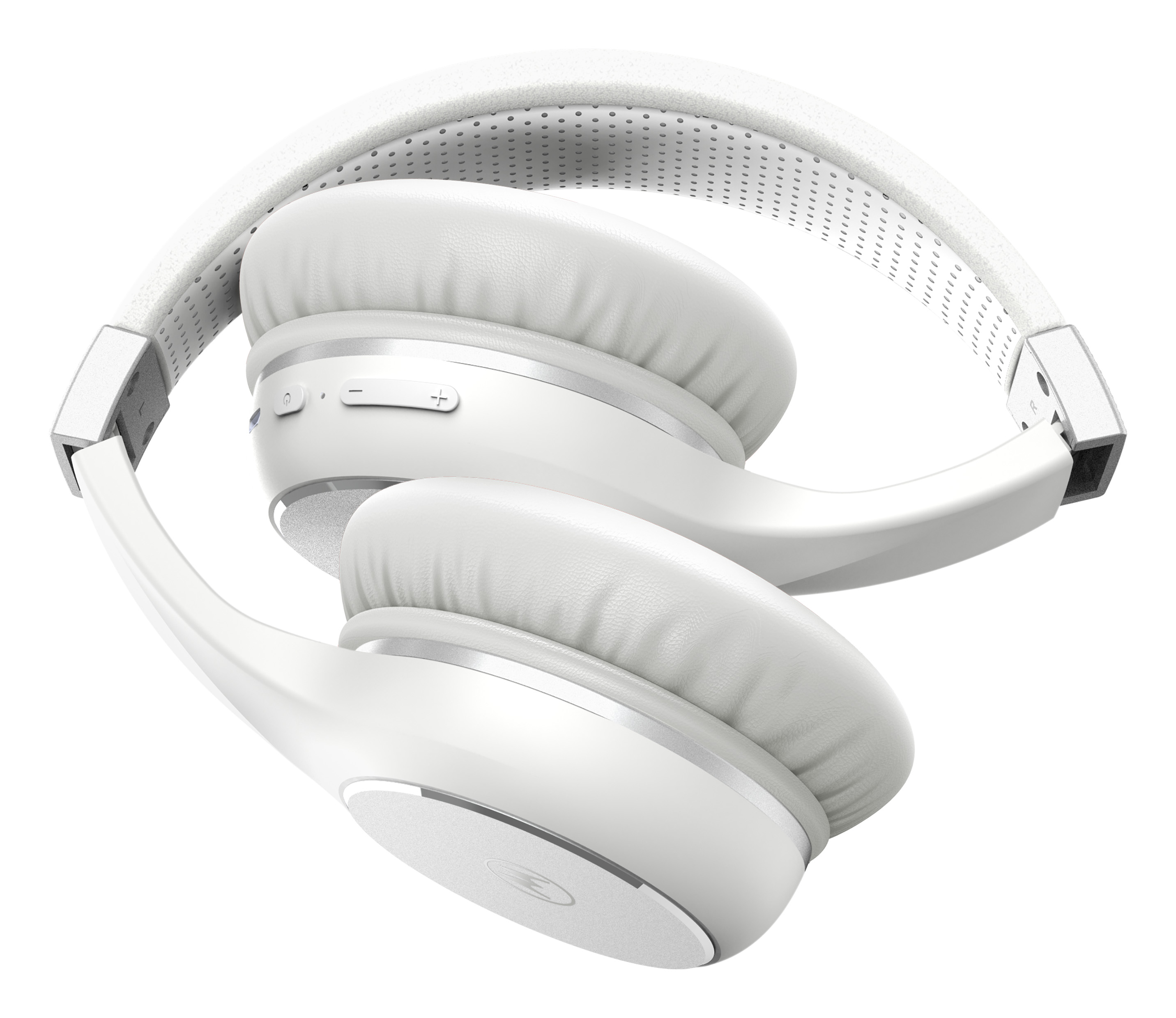 Cuffie bianche over-ear, piegate, con accenti argentati e cuscinetti morbidi.