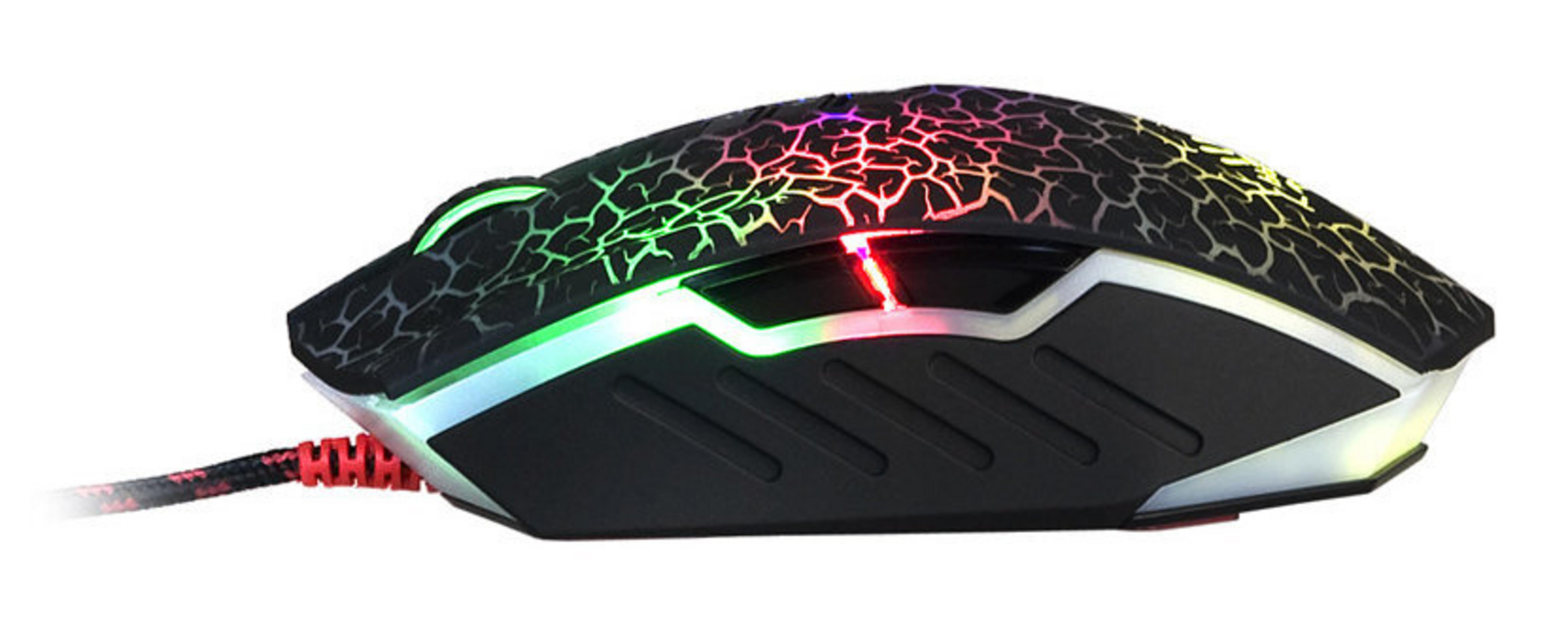 Black gaming mouse with cracked texture and RGB lighting, red braided cable.