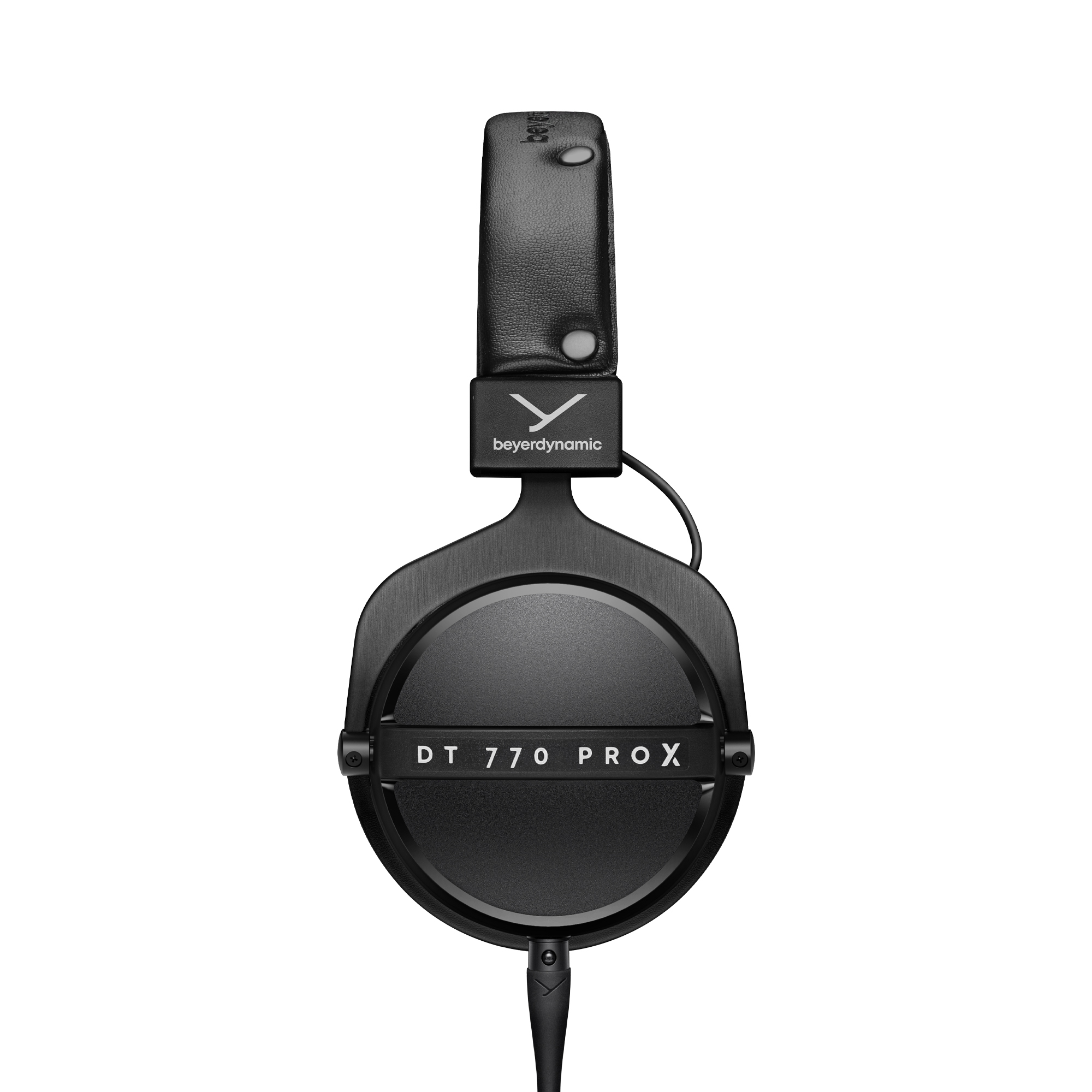 Schwarze Beyerdynamic DT 770 PRO X Kopfhörer mit Lederkopfbügel und silbernem Logo.