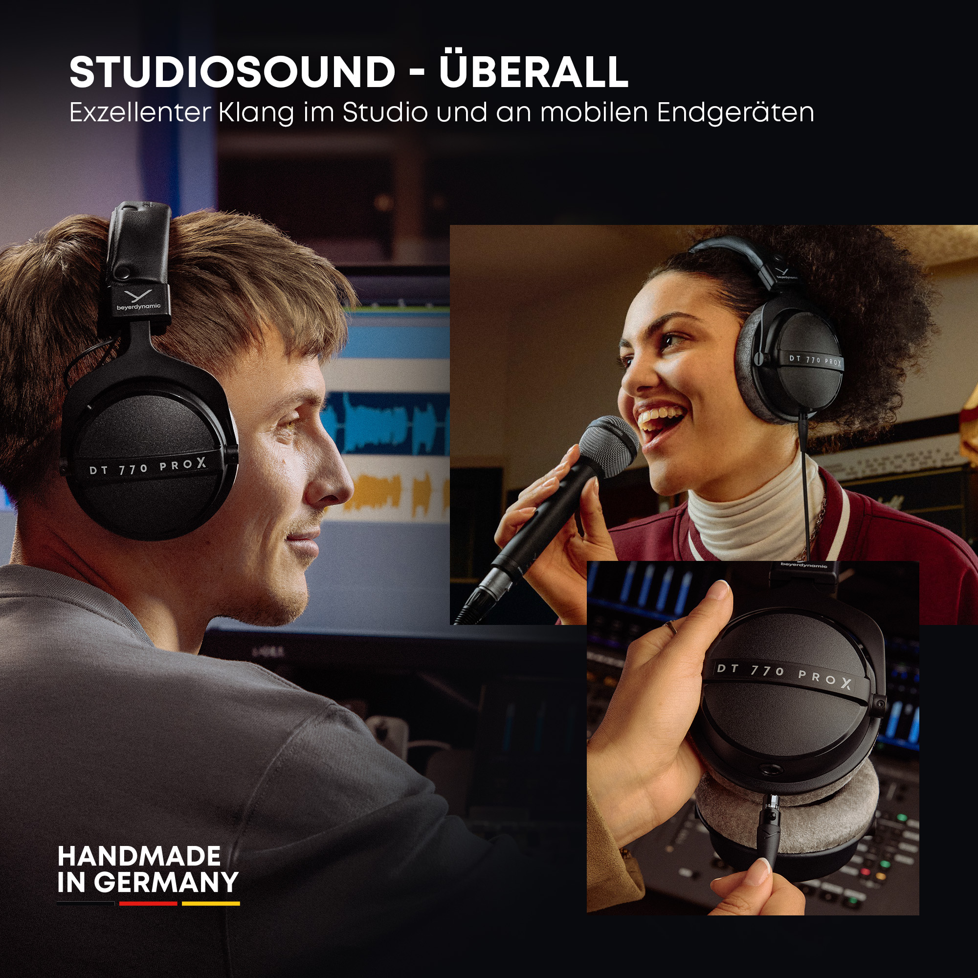 Kopfhörer und Mikrofon im Studio; Hand mit Kopfhörer und Kabel.