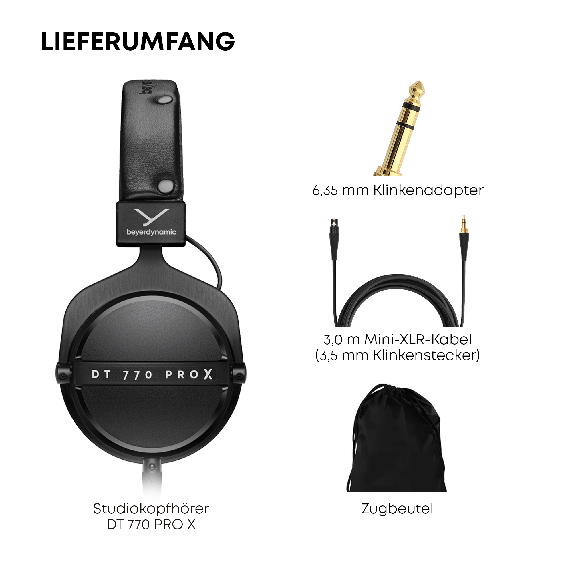 Kopfhörer, Adapter, Kabel und Tasche. Beyerdynamic DT 770 PRO X Studio-Kopfhörer.