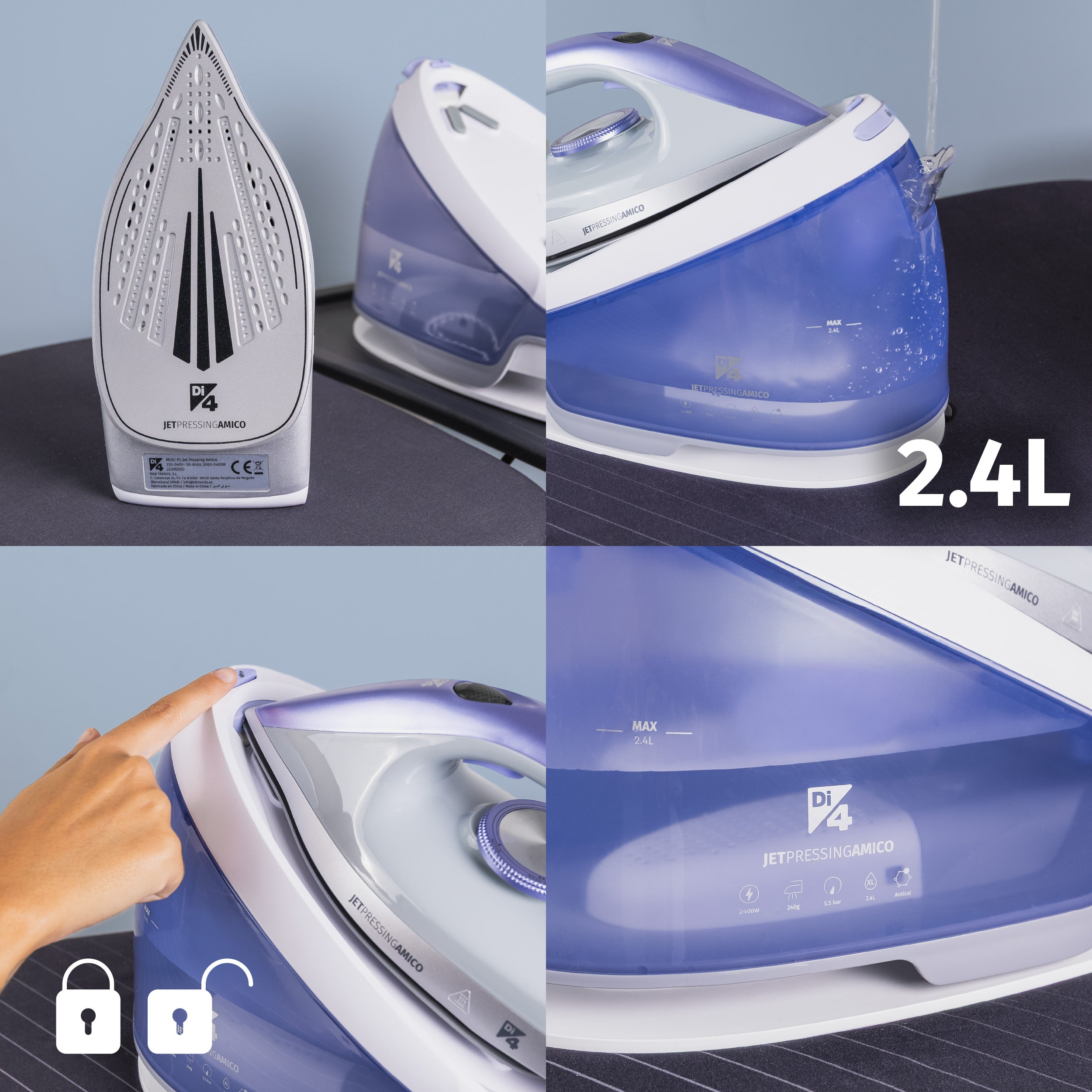 Cuatro vistas de una plancha con depósito de agua de 2,4L.