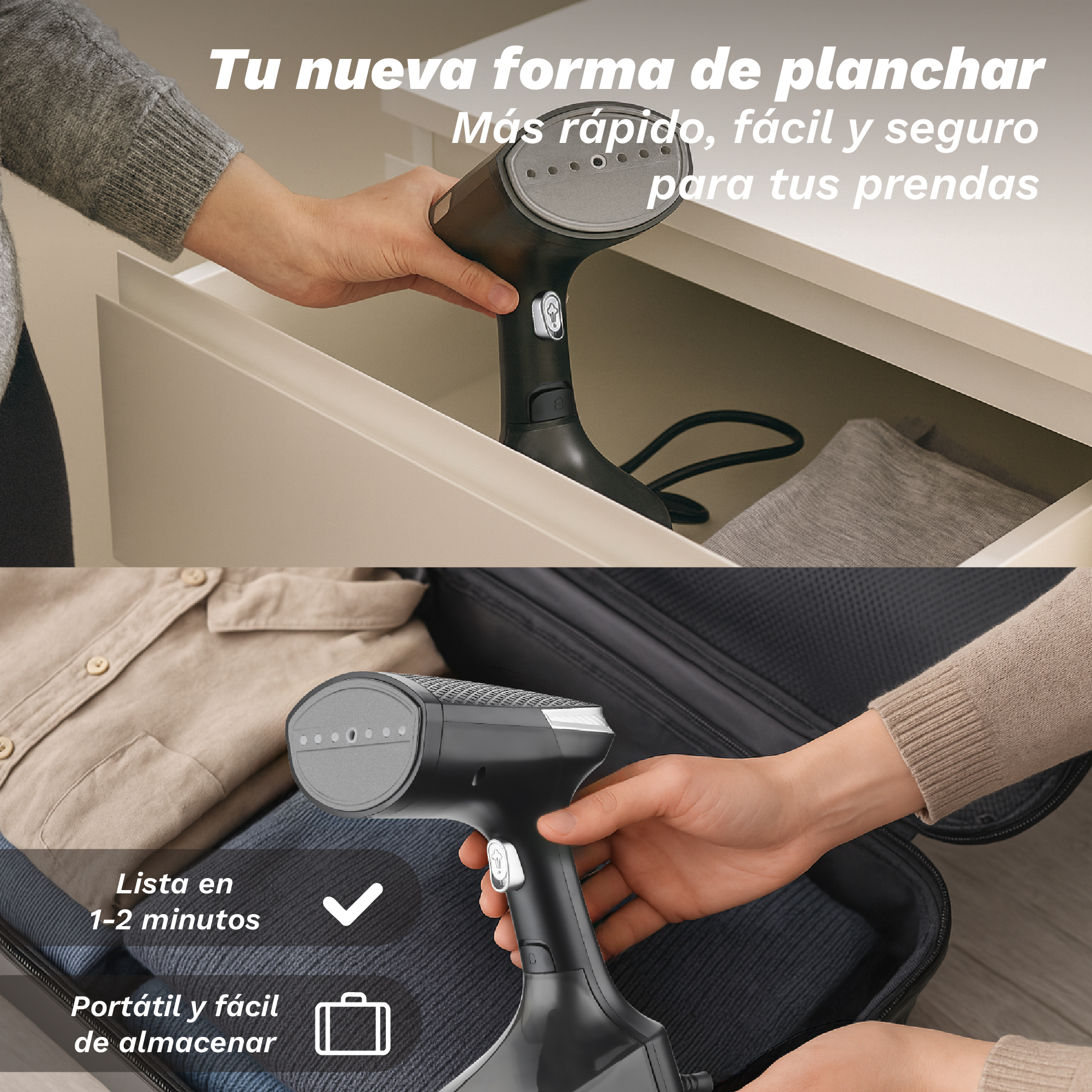 Un vaporizador de ropa de mano se muestra en un cajón y una maleta.