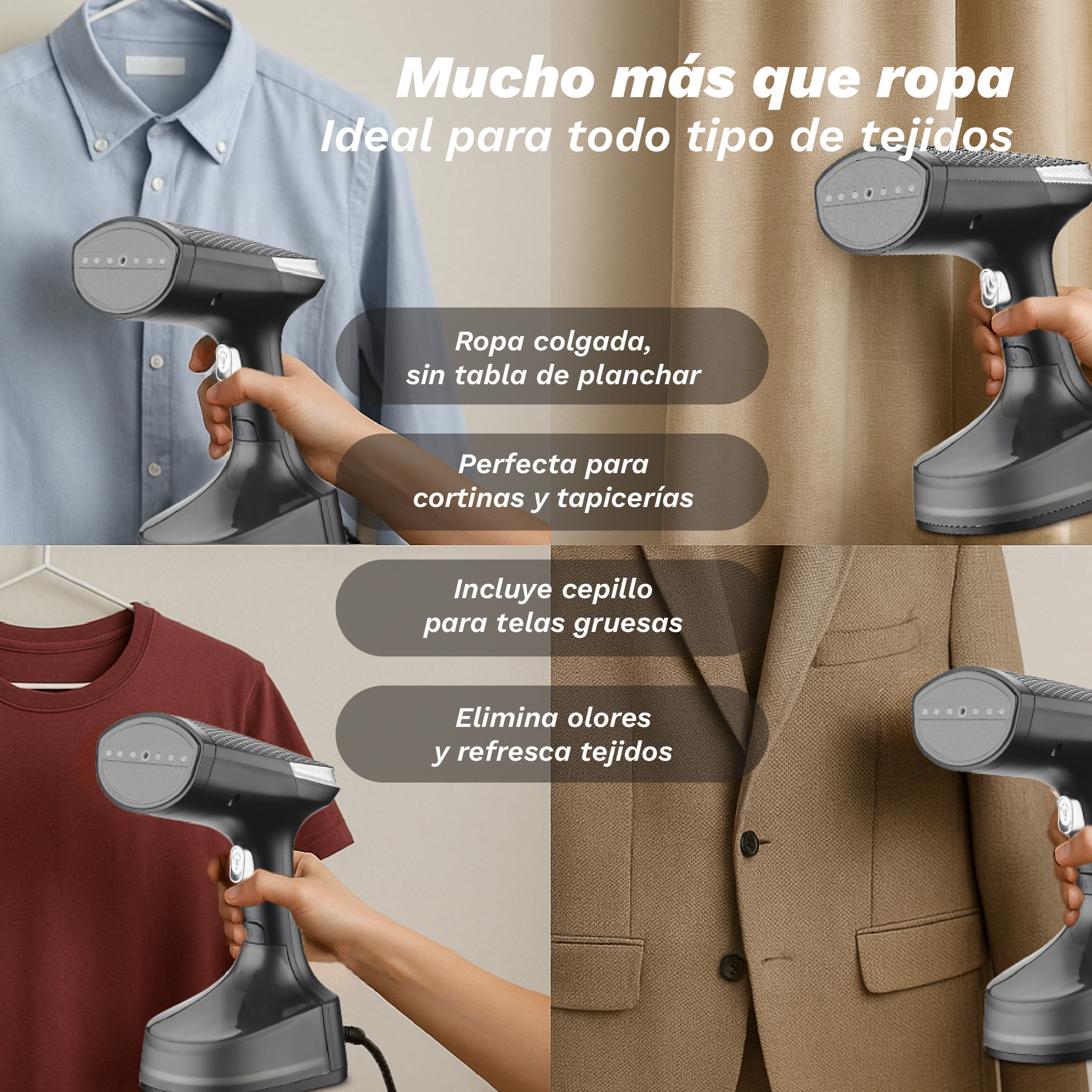 Un vaporizador de mano se usa para alisar y refrescar ropa, cortinas y trajes.