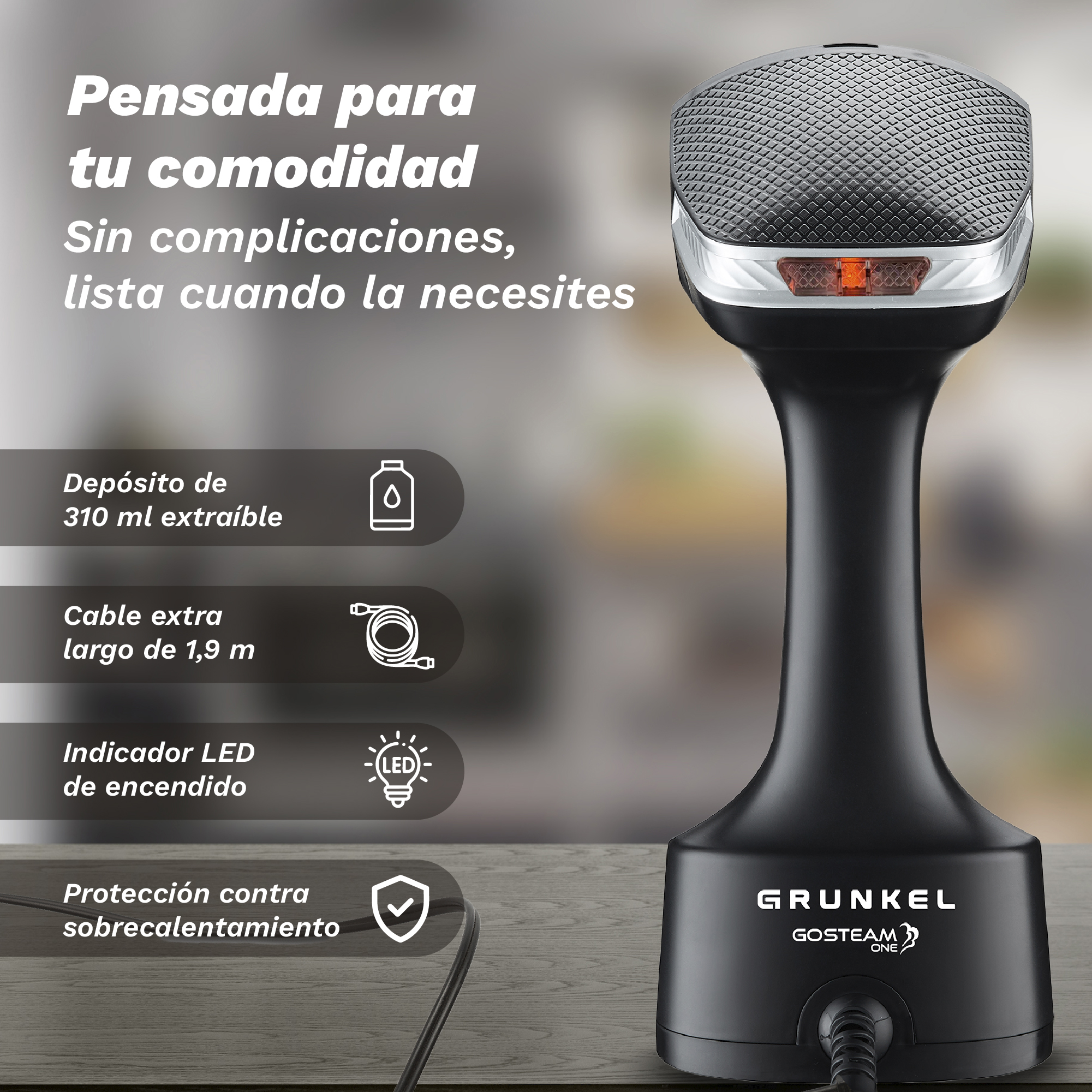 Vaporizador negro de mano con características: depósito 310ml, cable 1,9m, indicador LED, protección.