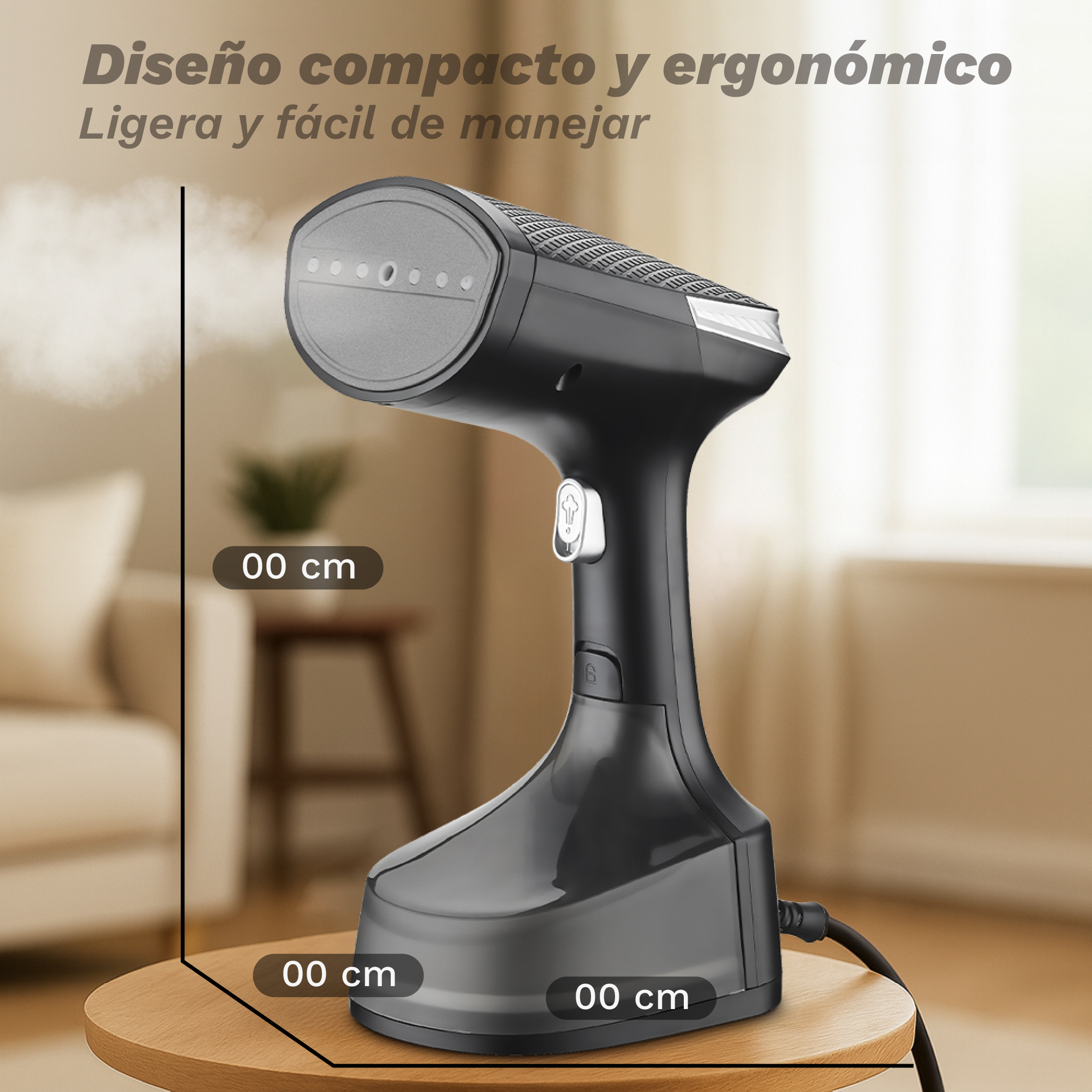 Un vaporizador de ropa negro de mano emitiendo vapor, sobre una mesa de madera.