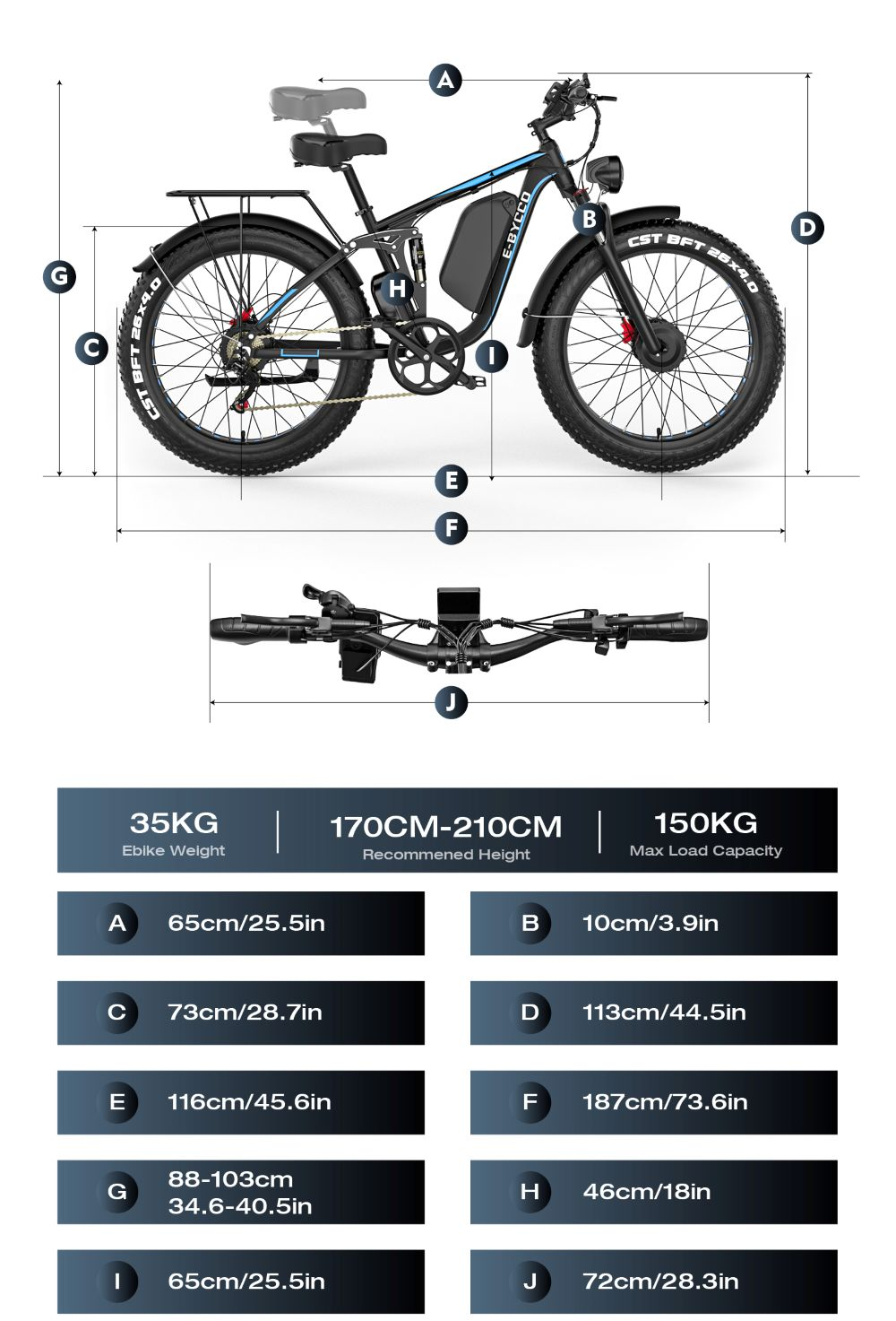 Diagrama de una bicicleta eléctrica negra con dimensiones etiquetadas A-J.