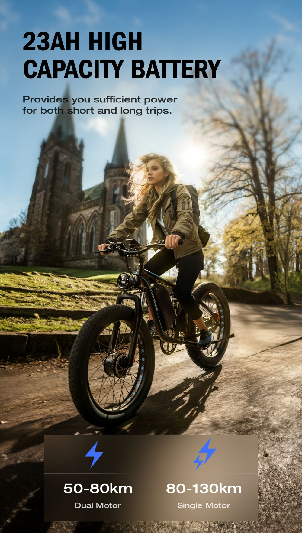 Mujer en bicicleta eléctrica pasa una iglesia. Texto menciona batería 23AH, motor dual 50-80km, motor simple 80-130km.