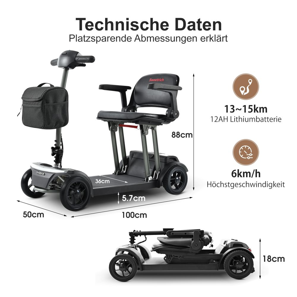 Especificaciones scooter: 100cm L, 36cm An, 88cm Al. Plegado: 18cm Al. Autonomía 13-15km, Velocidad 6km/h.