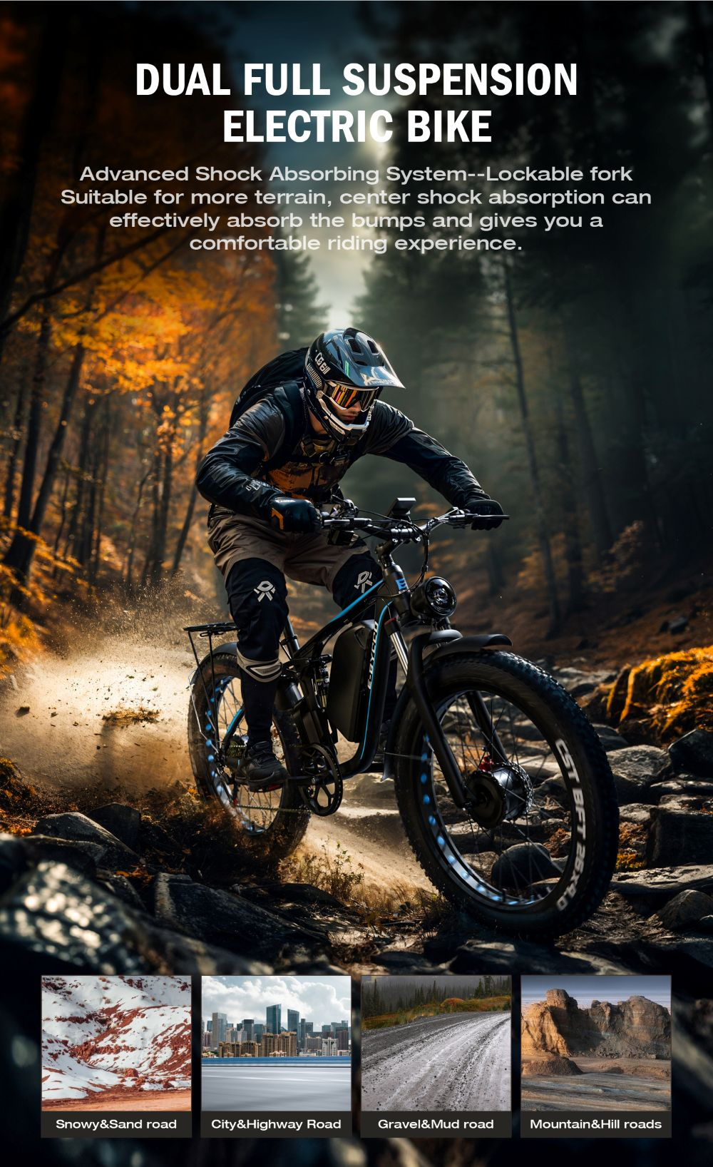 Hombre monta bicicleta eléctrica en sendero rocoso y boscoso. Imágenes inferiores muestran terrenos.
