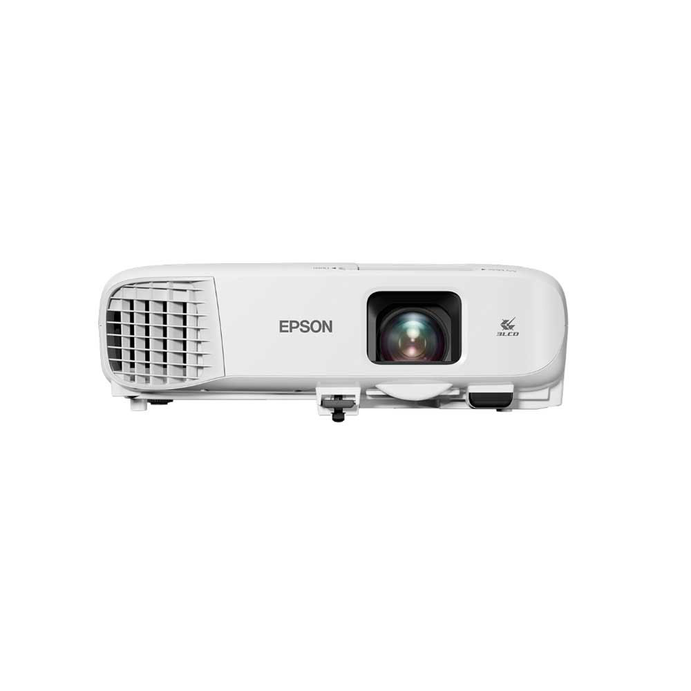 Projecteur Epson blanc avec objectif et ventilation sur fond blanc.