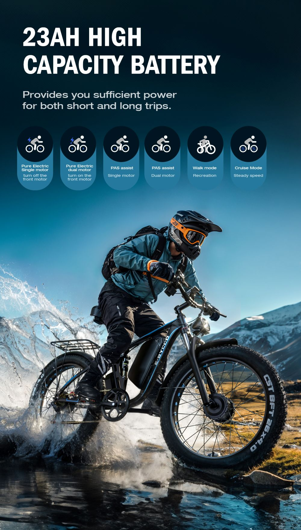 Una persona monta una fat bike eléctrica a través del agua, con texto sobre capacidad de batería.