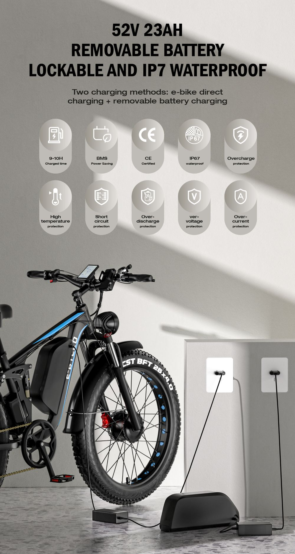 Bicicleta eléctrica fat bike negra con batería extraíble cargando. Características: 52V 23AH, IP7 impermeable.