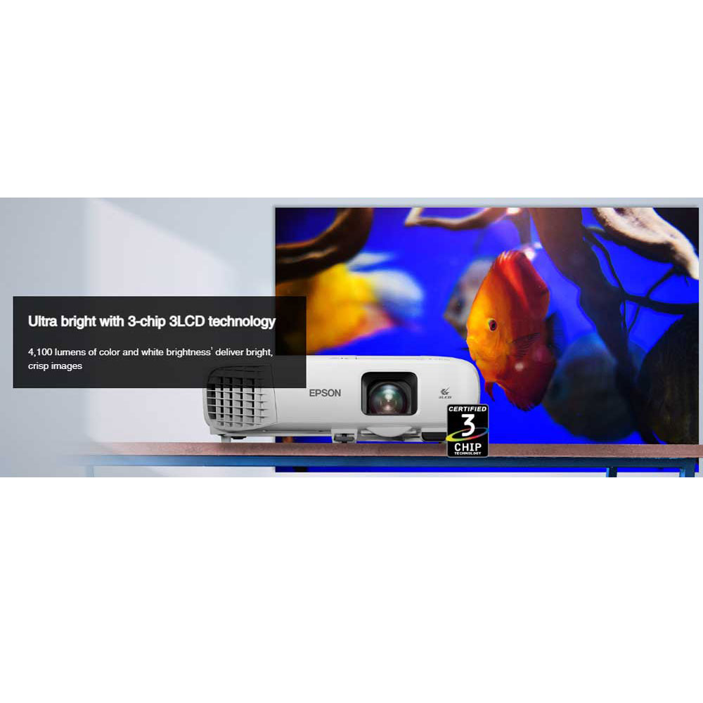 Projecteur Epson blanc affiche des images lumineuses, avec technologie 3LCD et 4100 lumens.