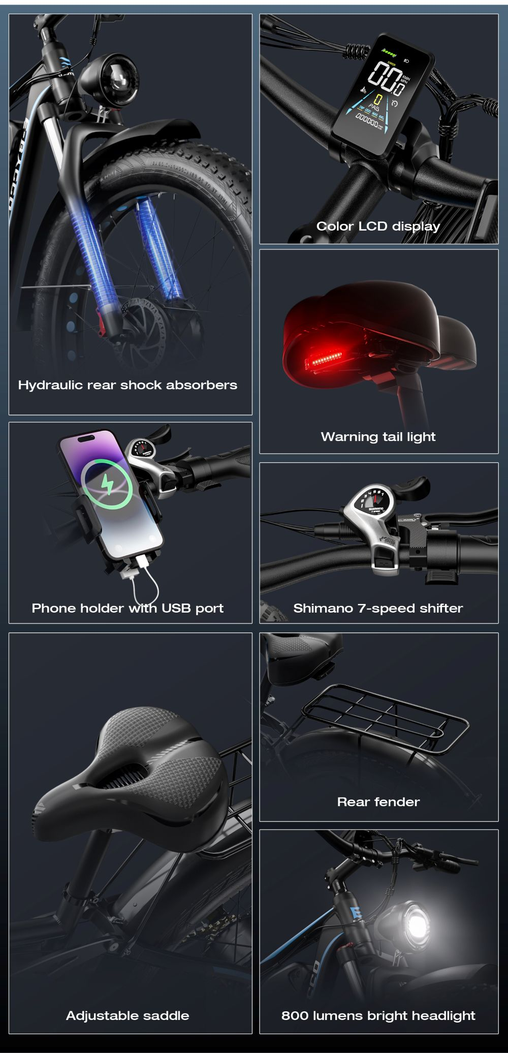 Collage de piezas de e-bike: amortiguadores, LCD, luz trasera, soporte para teléfono, palanca de cambios, sillín, guardabarros, faro.