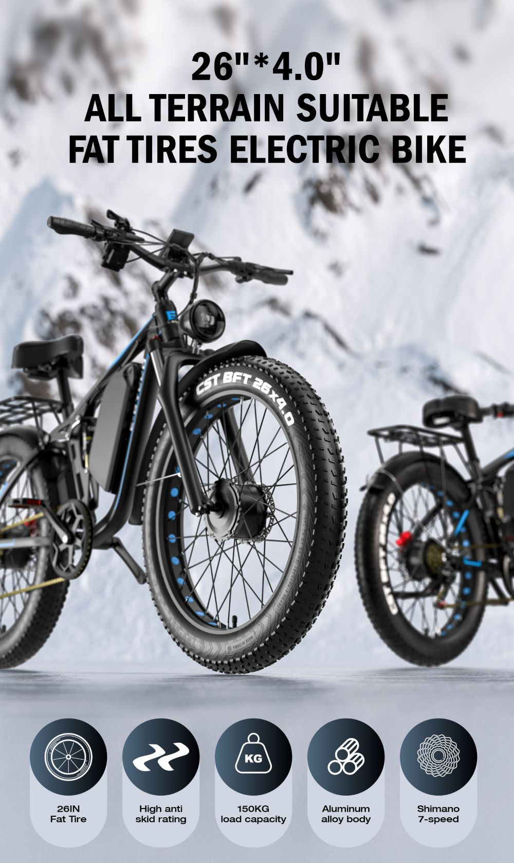 Bicicleta eléctrica negra de llantas anchas 26x4.0, capacidad 150kg.