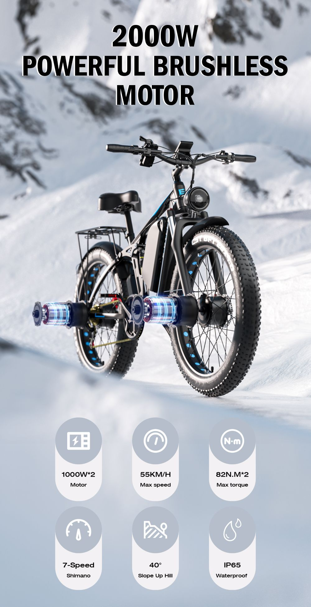 Una bicicleta eléctrica negra de llantas anchas con motor de 2000W, sobre fondo de montaña nevada.