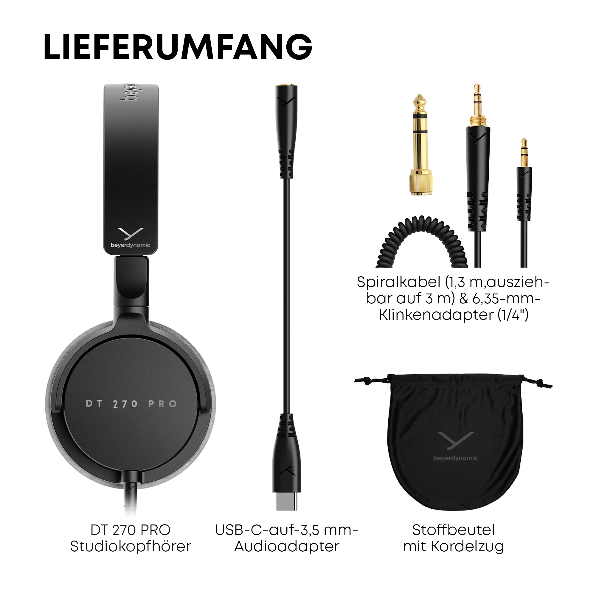 Beyerdynamic DT 270 PRO Kopfhörer, USB-C-Adapter, Spiralkabel, 6,35-mm-Adapter und Kordelzugbeutel.