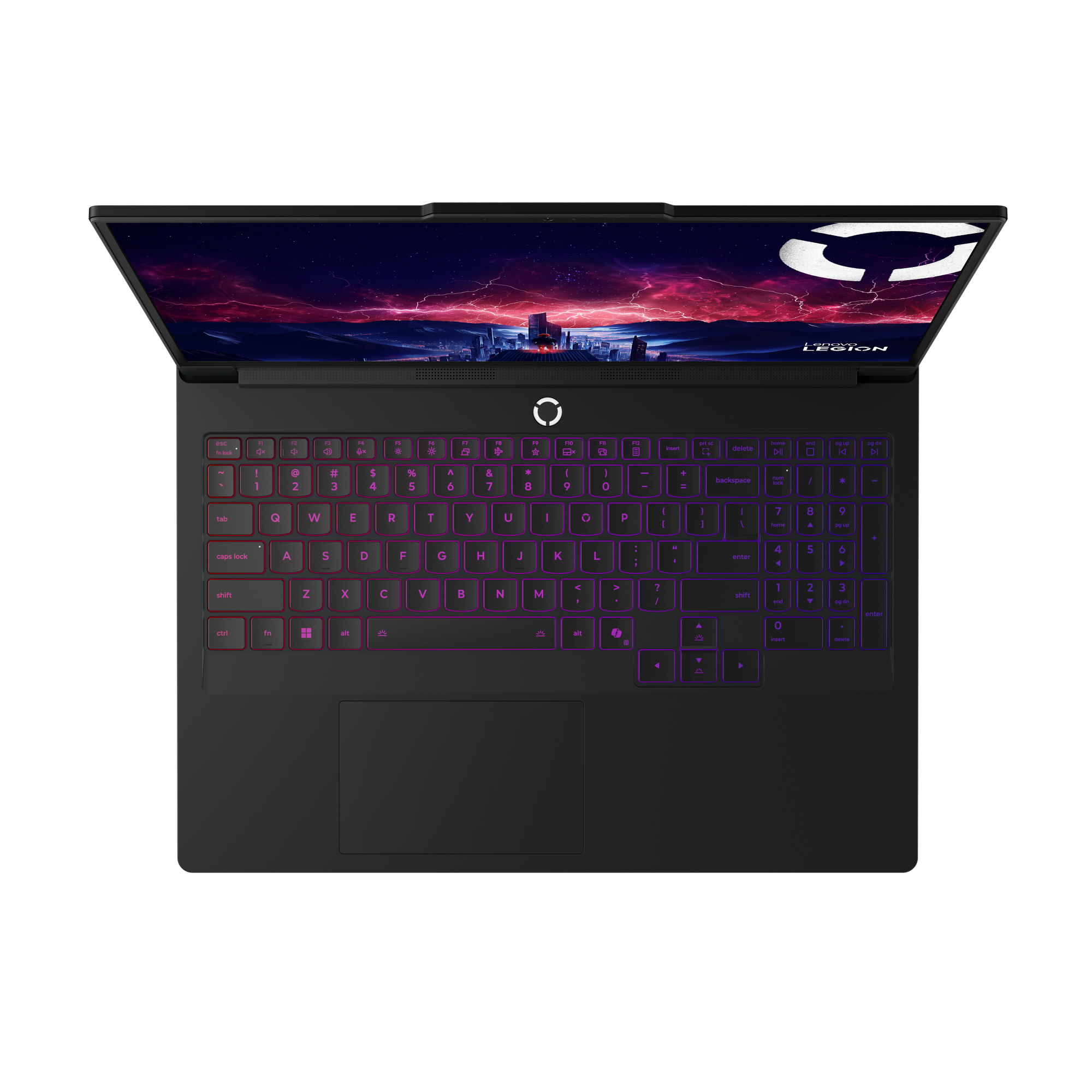 Schwarzer Laptop mit beleuchteter Tastatur und lebendiger Stadt-Tapete auf dem Bildschirm.
