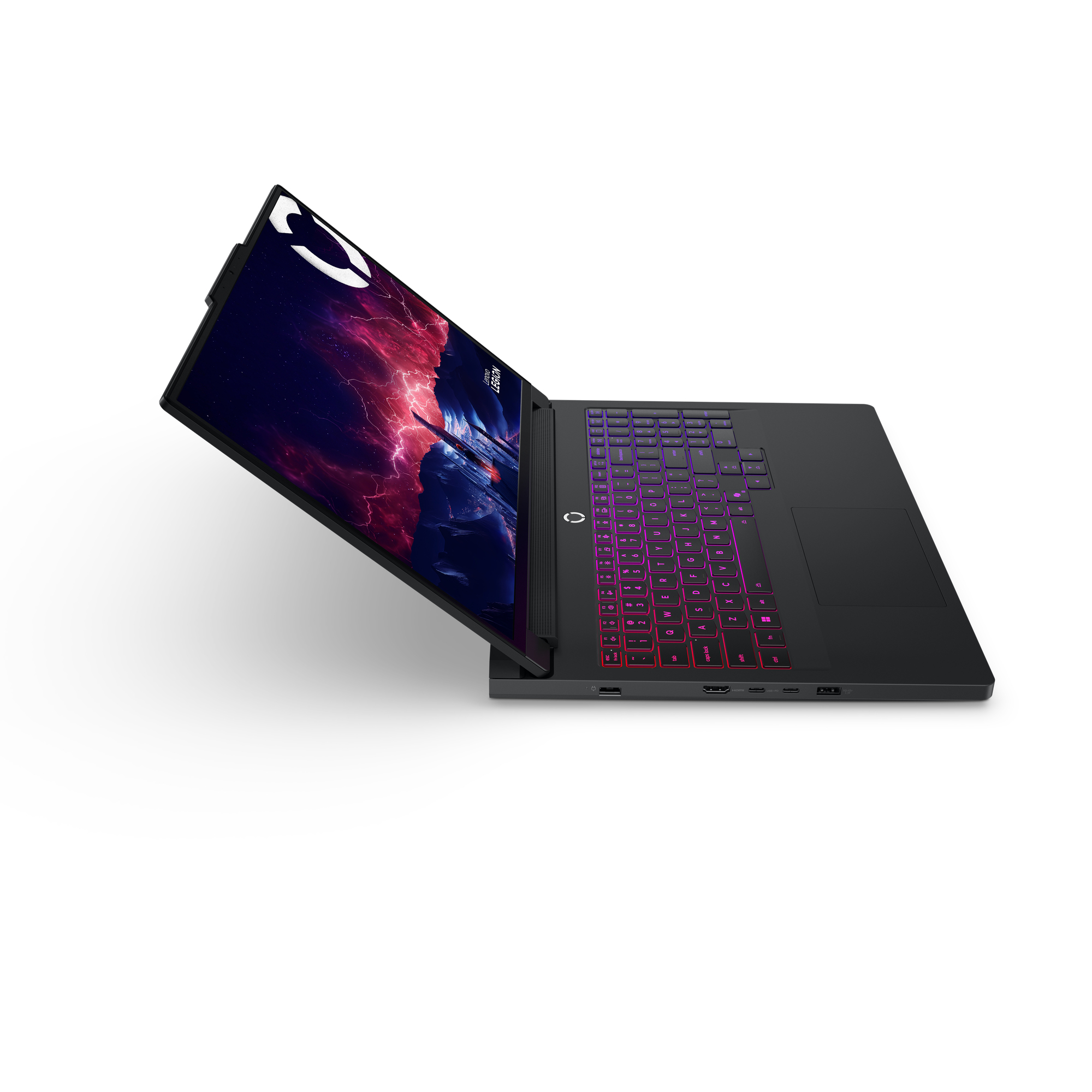 Ein schwarzer Laptop mit beleuchteter Tastatur und einem kosmischen Hintergrund.
