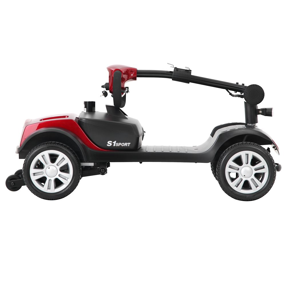Un scooter de movilidad rojo y negro con cuatro ruedas y una columna de dirección.