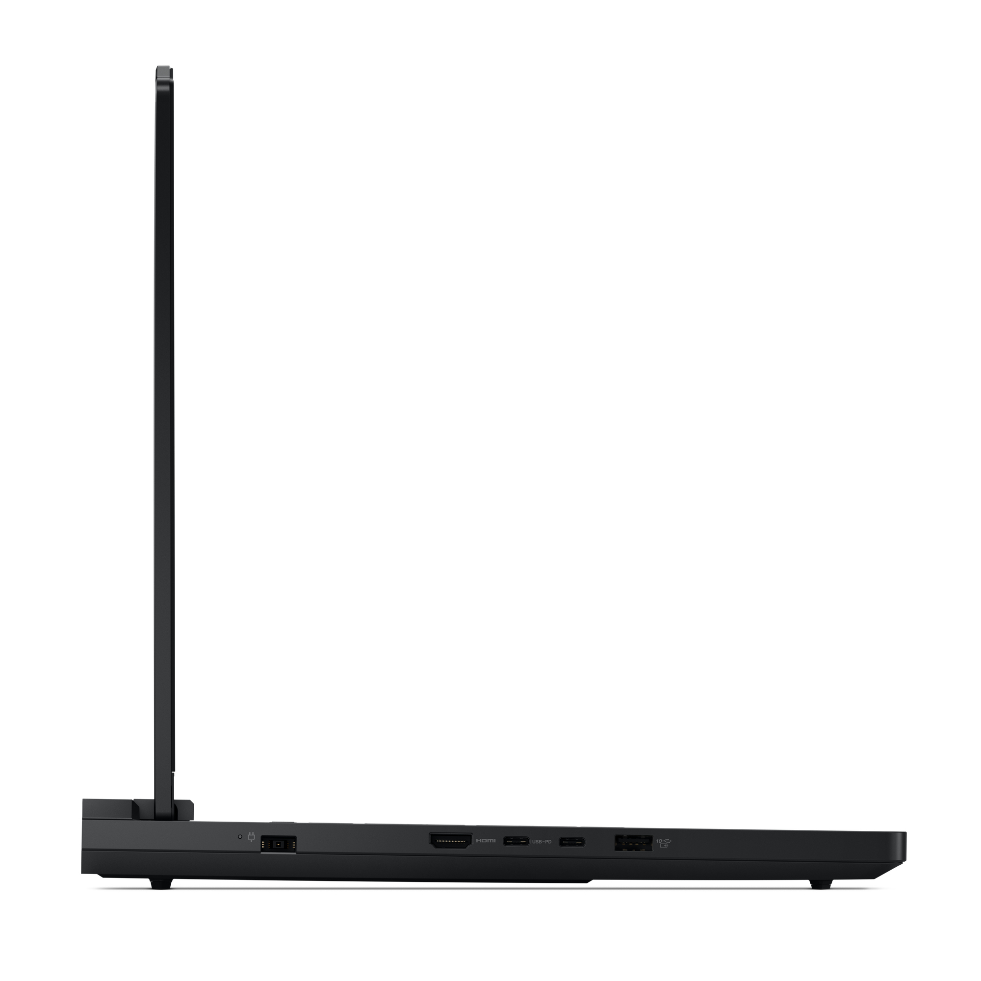Schwarzer Laptop Seitenansicht, zeigt Anschlüsse: HDMI, USB-PD, und USB-A.