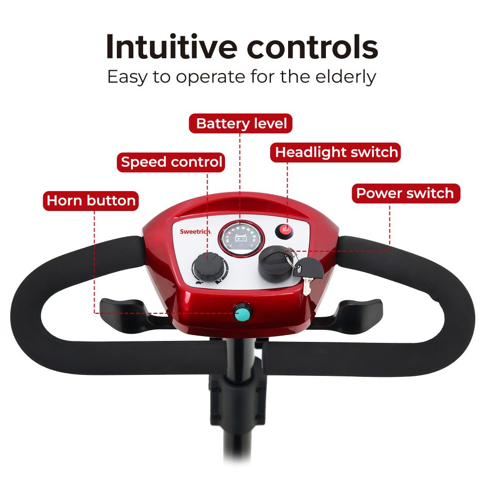 Controles de scooter de movilidad rojo: bocina, velocidad, batería, luces, interruptores.