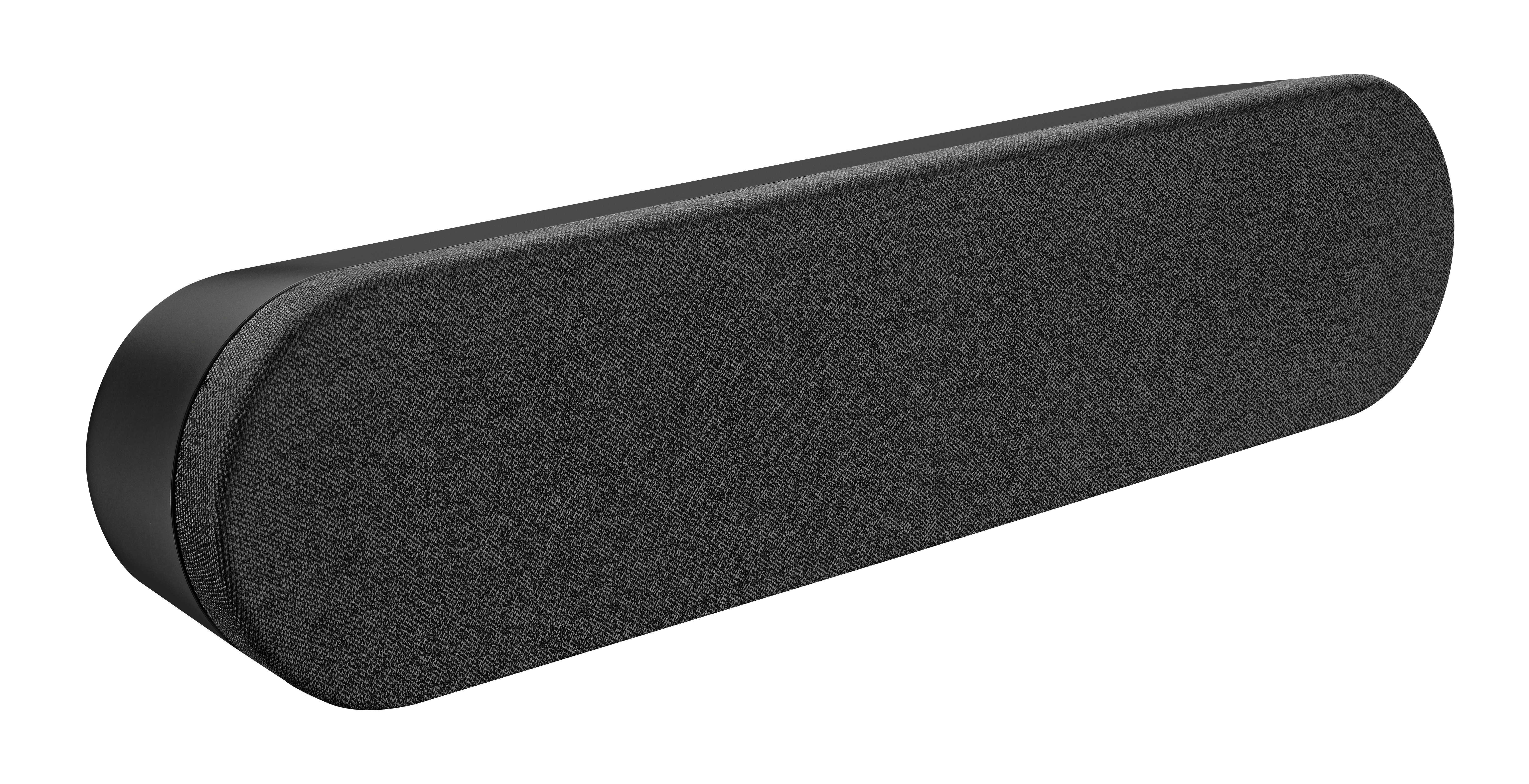 Un altavoz oval gris oscuro con superficie de tela texturizada y lados negros.