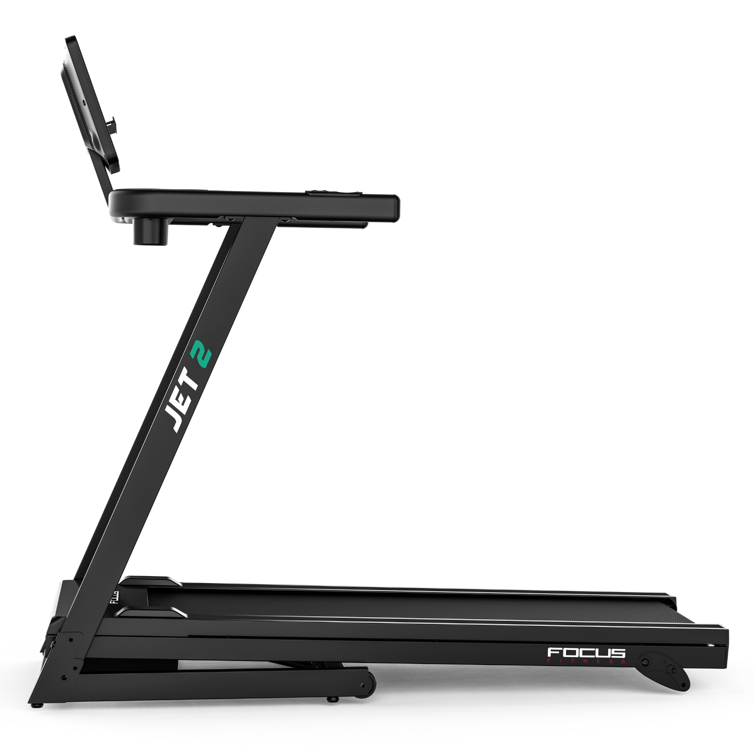 Un tapis de course noir avec écran et les mots JET 2 et FOCUS FITNESS.