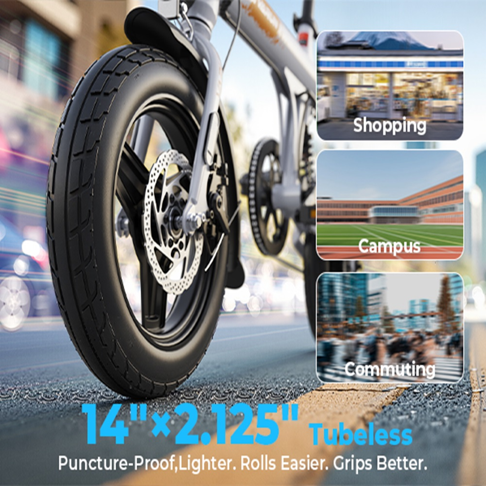 Primer plano de la rueda de una bicicleta plegable en la carretera. Imágenes insertadas: compras, campus y desplazamientos.