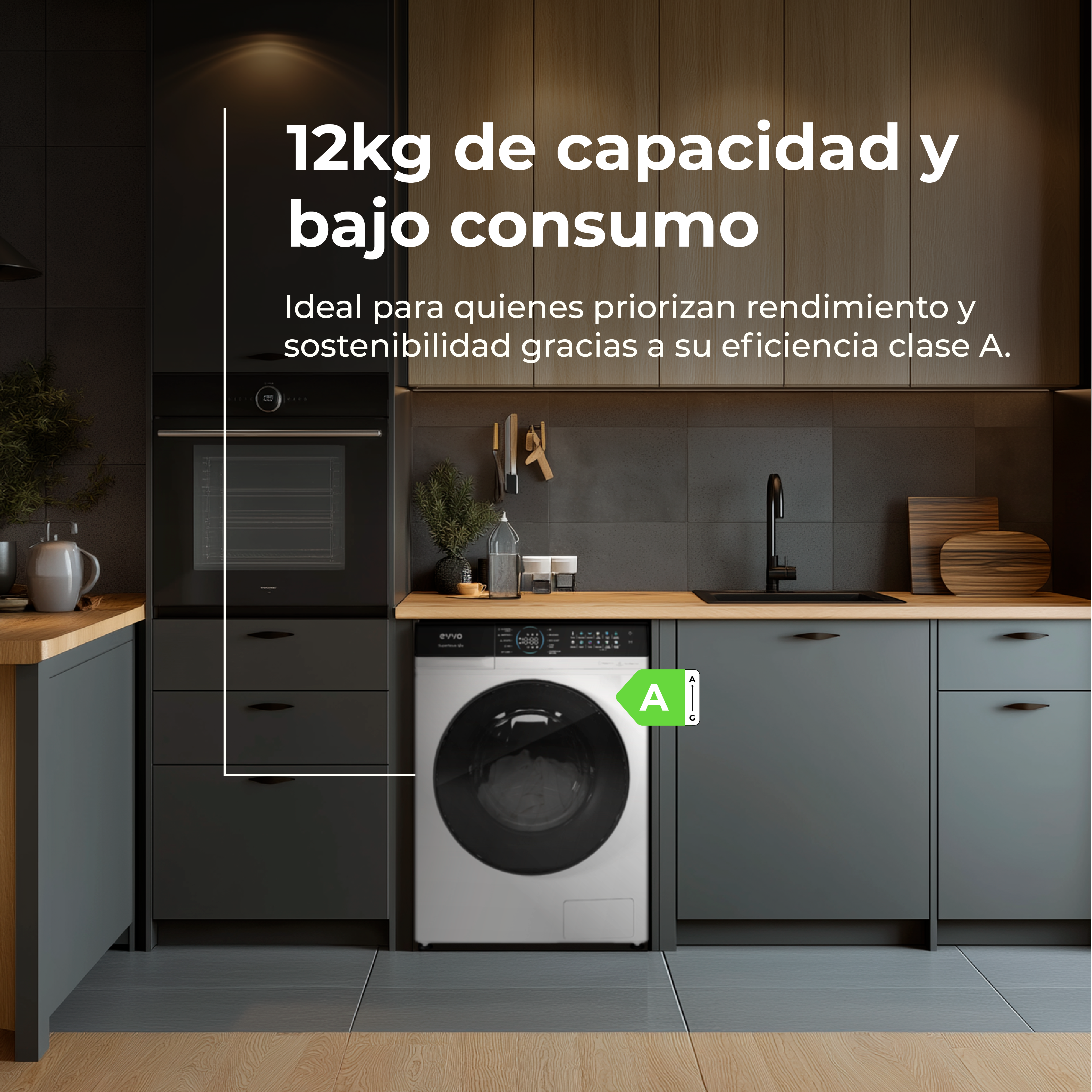 Una cocina moderna con gabinetes gris oscuro, lavadora blanca y horno. Calificación energética A.