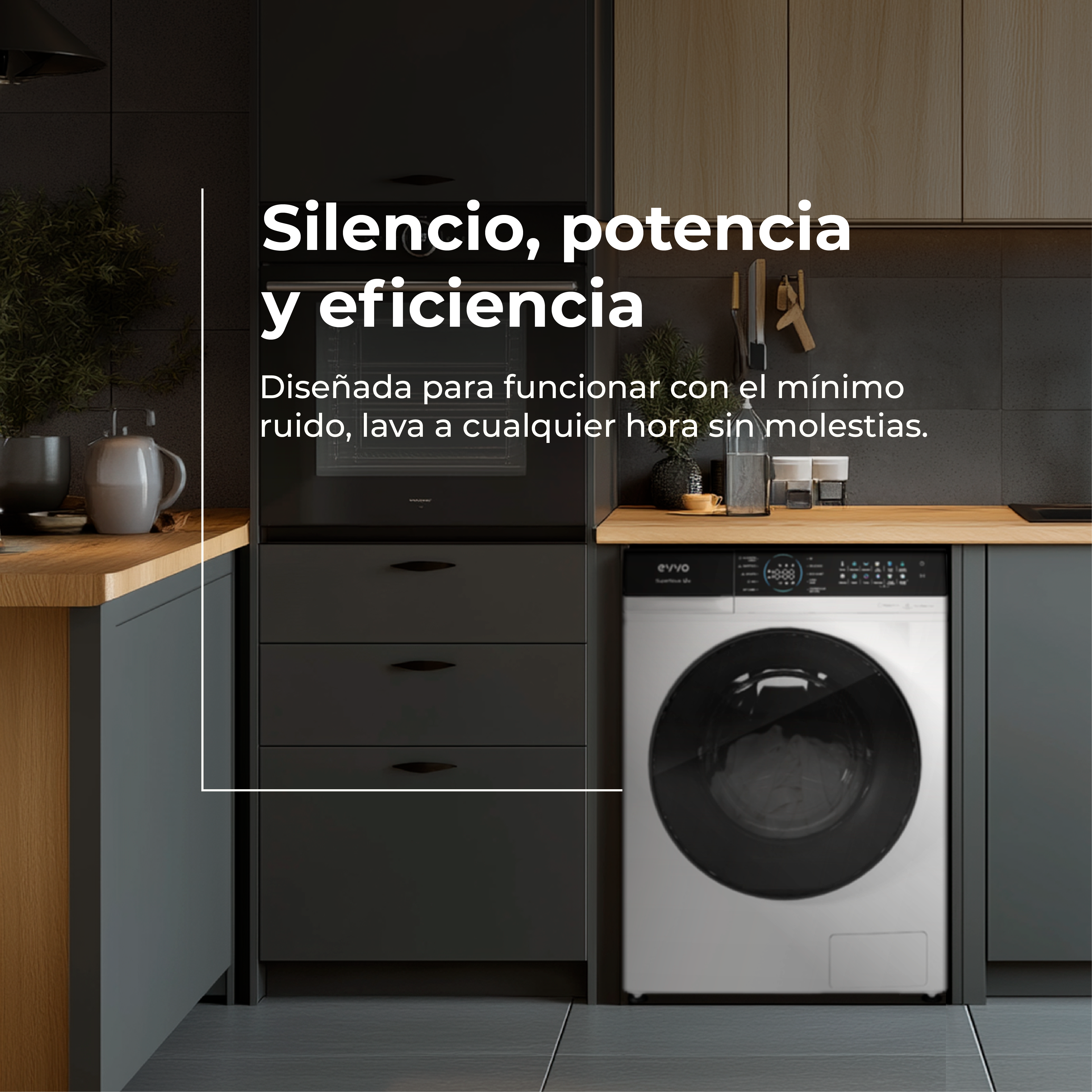 Cocina moderna con lavadora y texto superpuesto.
