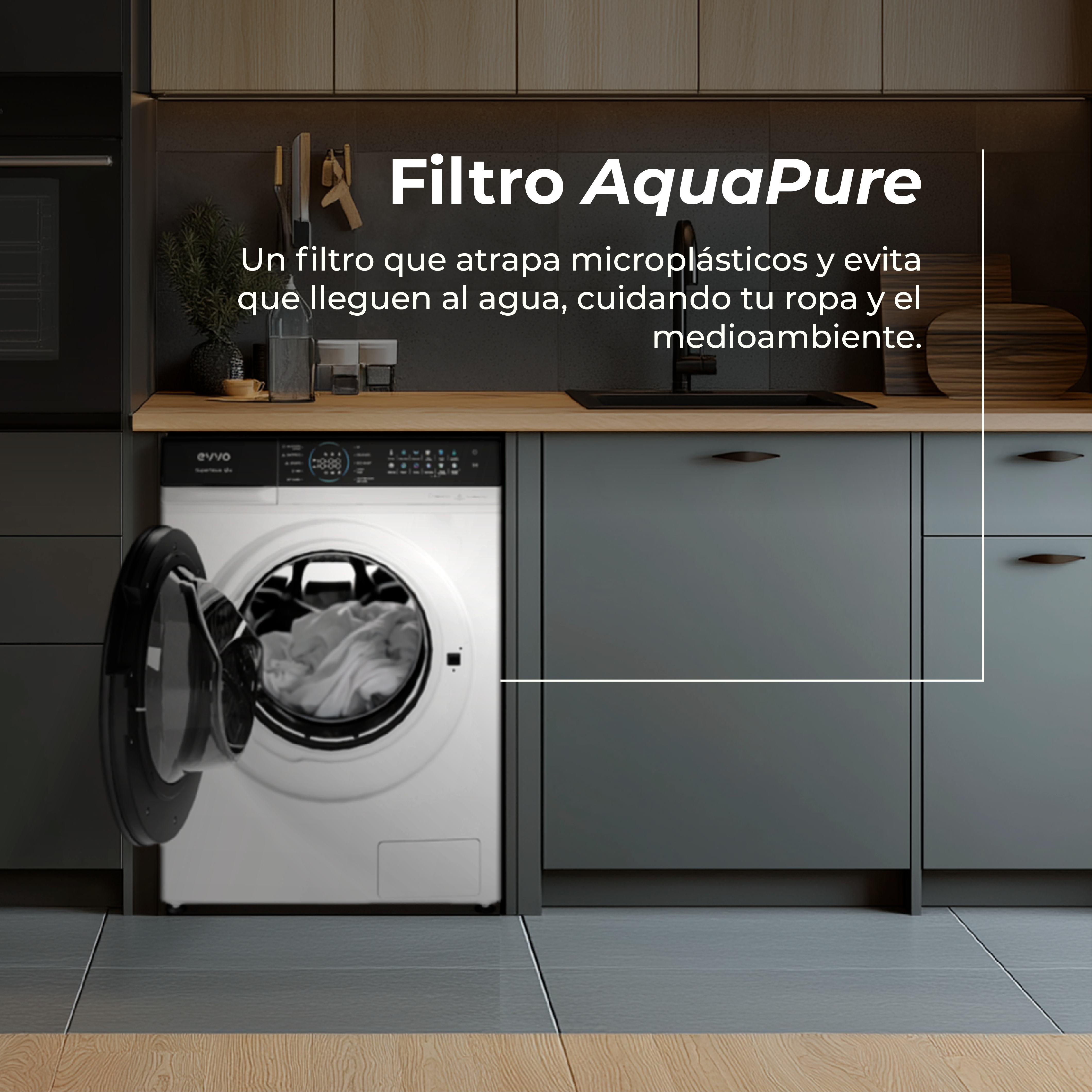 Una lavadora con la puerta abierta está en una cocina moderna.