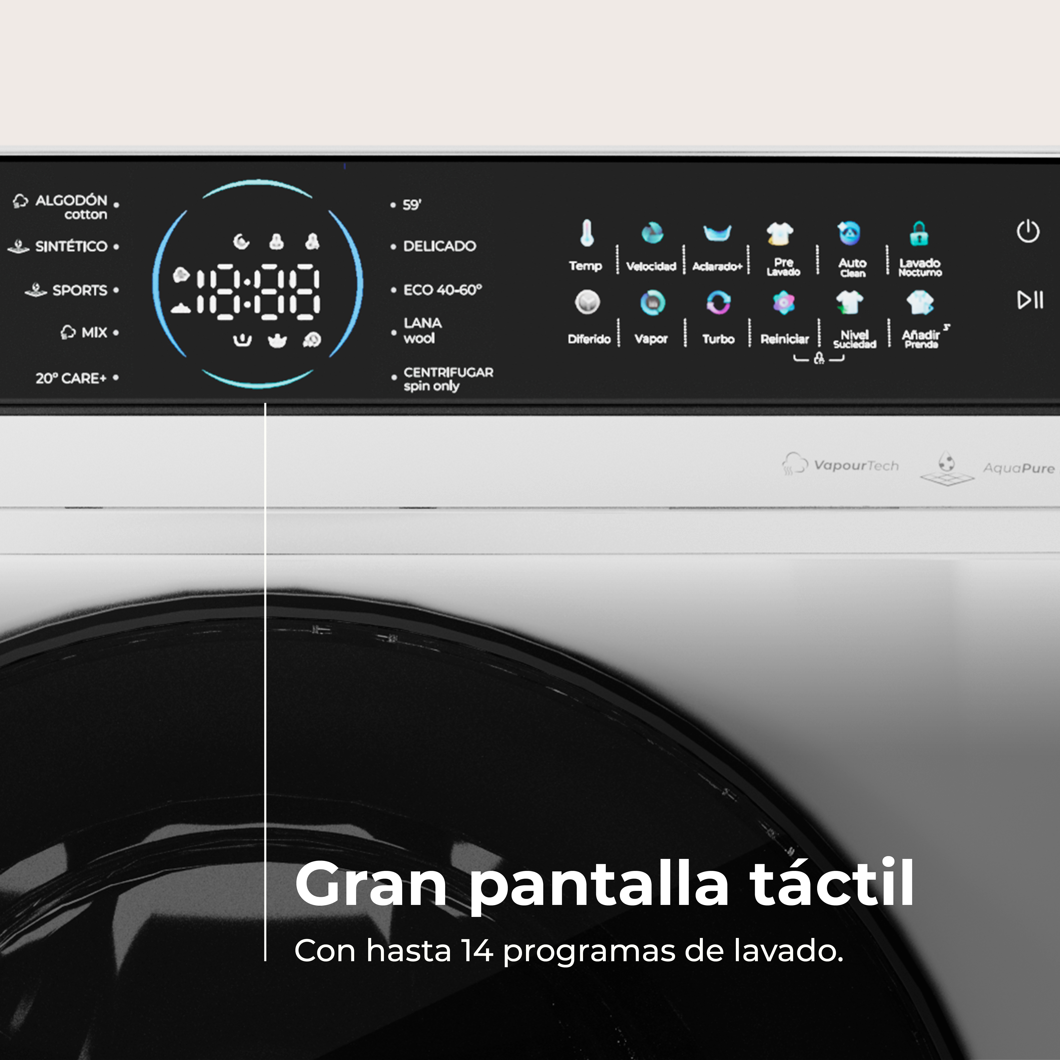 Panel de control de lavadora con pantalla digital que muestra programas de lavado como Algodón, Sintéticos, Deportes, Mix y Eco.