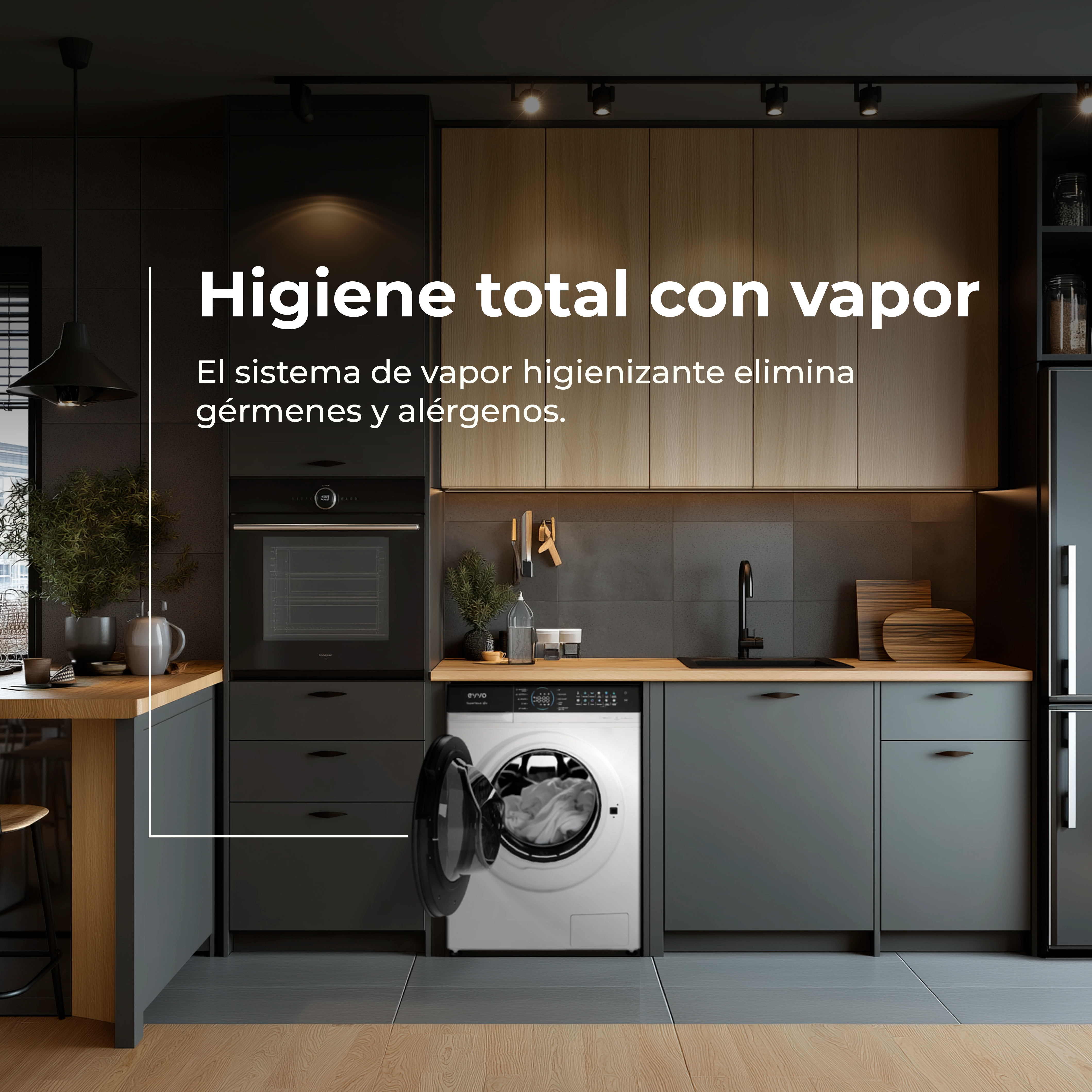 Cocina moderna con lavadora abierta y texto en español sobre limpieza a vapor.