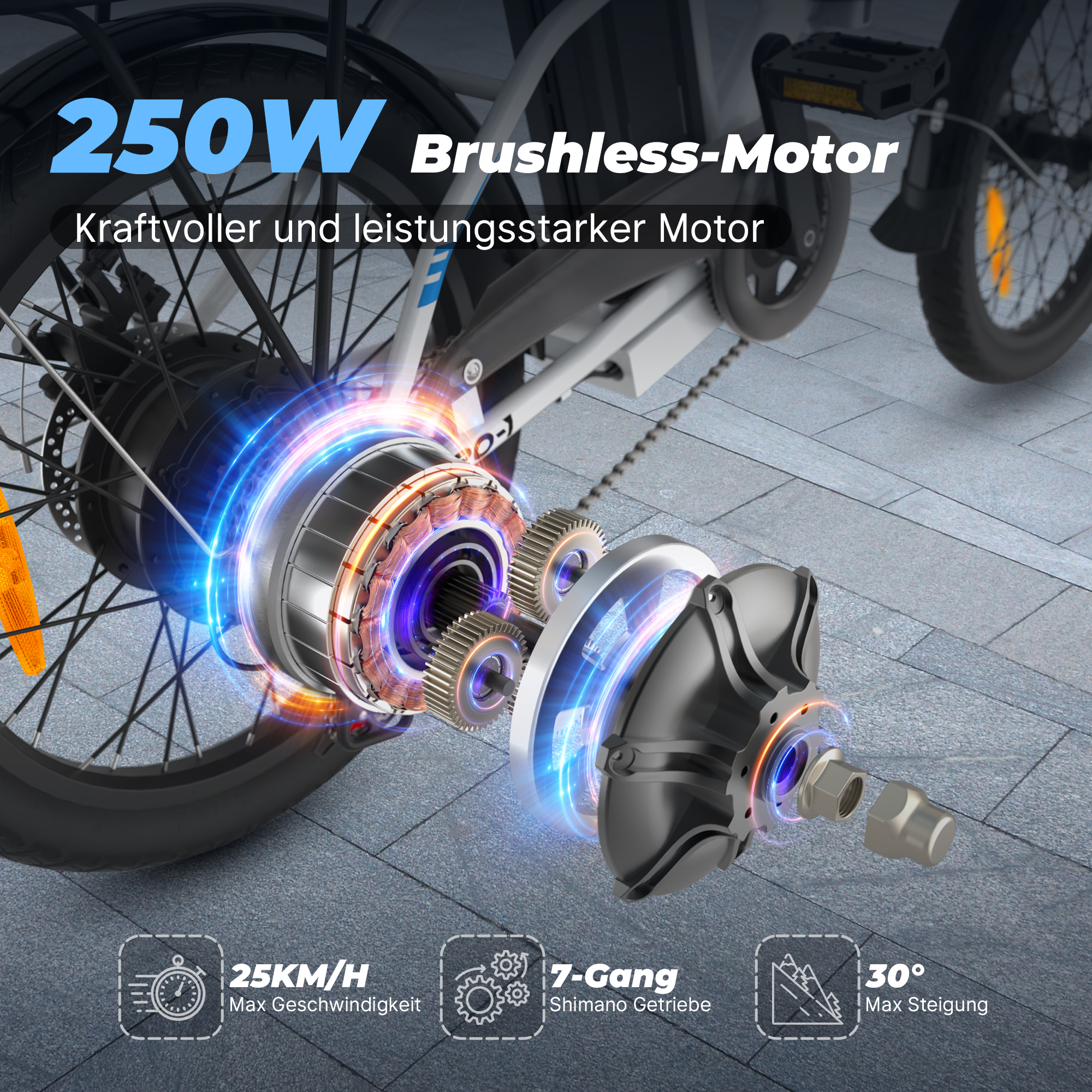 Detalle motor e-bike: motor sin escobillas 250W, engranajes, 25 km/h máx, Shimano 7 vel.