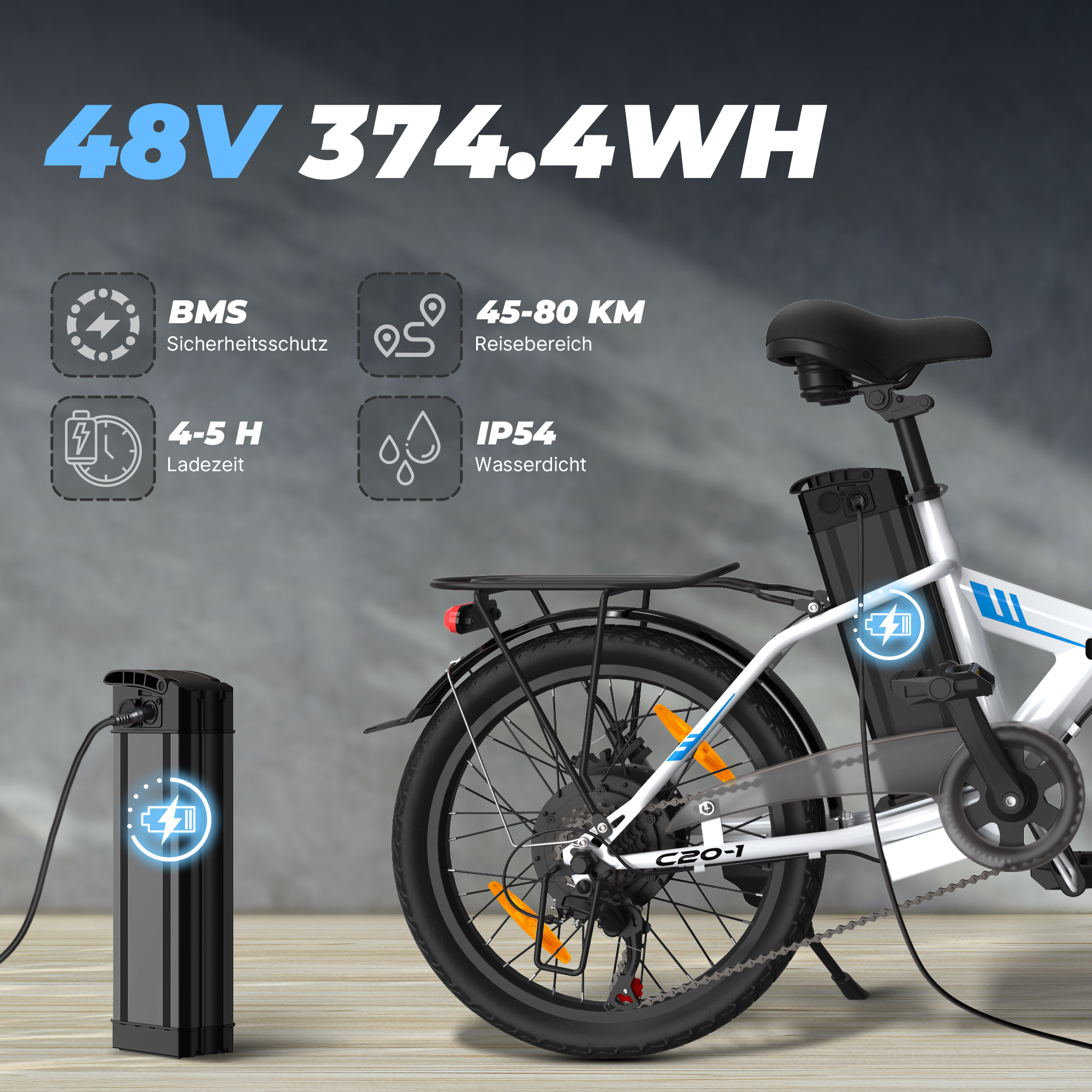 Una bicicleta eléctrica blanca con batería negra se está cargando.