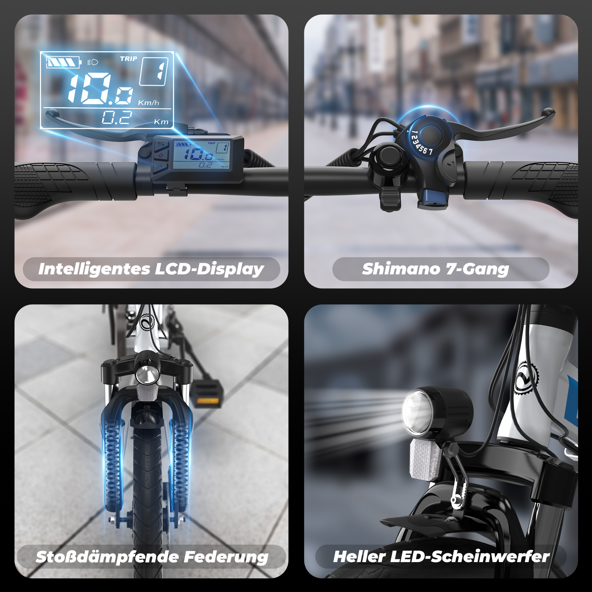 La pantalla de la e-bike muestra 10,0 km/h, 0,2 km de viaje. Palanca de cambios 1-7.