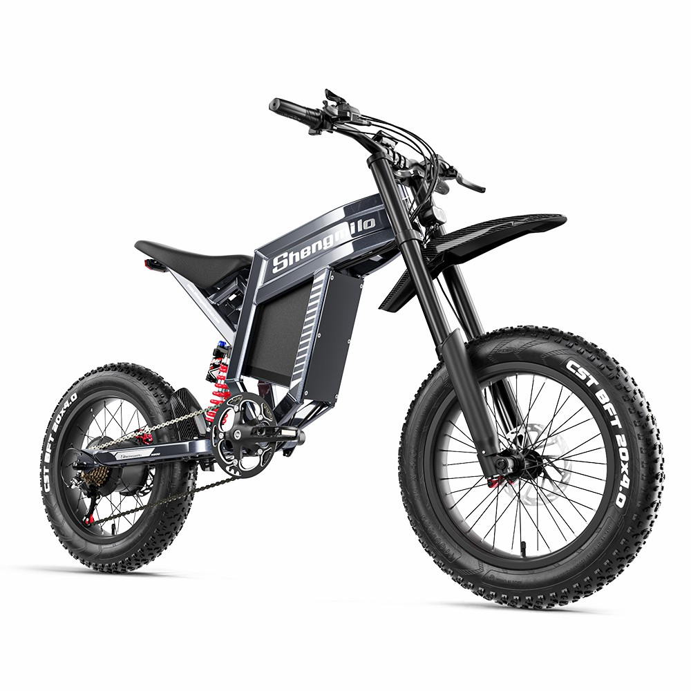 Una bicicleta de montaña eléctrica Shengmilo negra con llantas anchas y suspensión delantera.