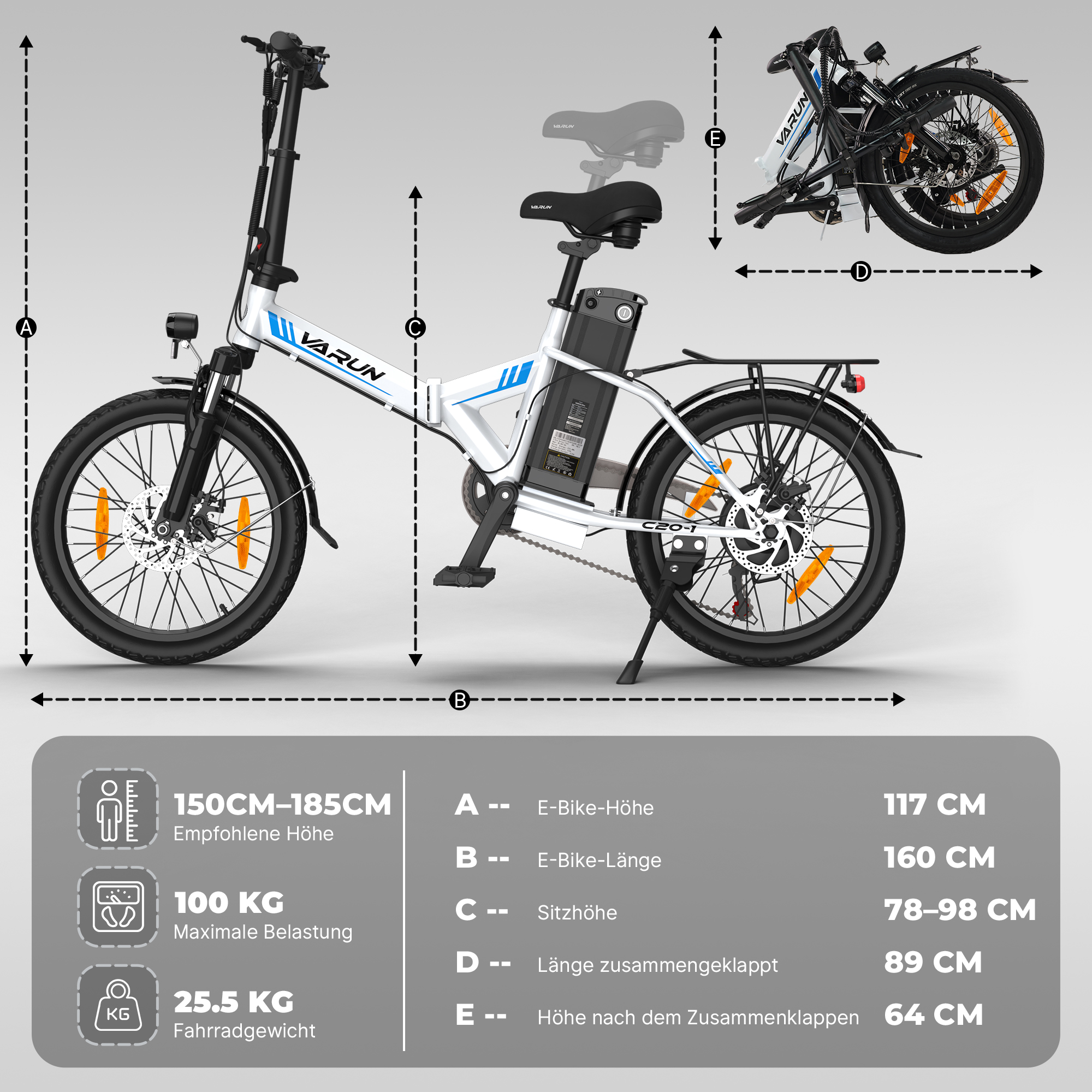 Especificaciones técnicas de una e-bike blanca con detalles azules, mostrando dimensiones y peso.