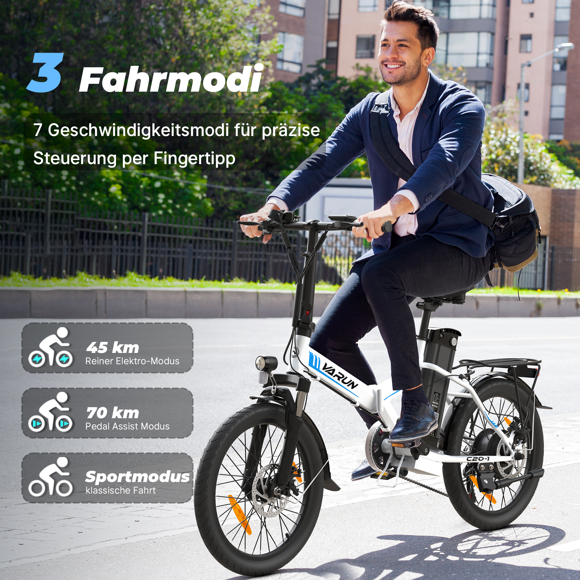 Hombre montando una bicicleta eléctrica blanca en una calle de la ciudad, con texto sobre 3 modos.