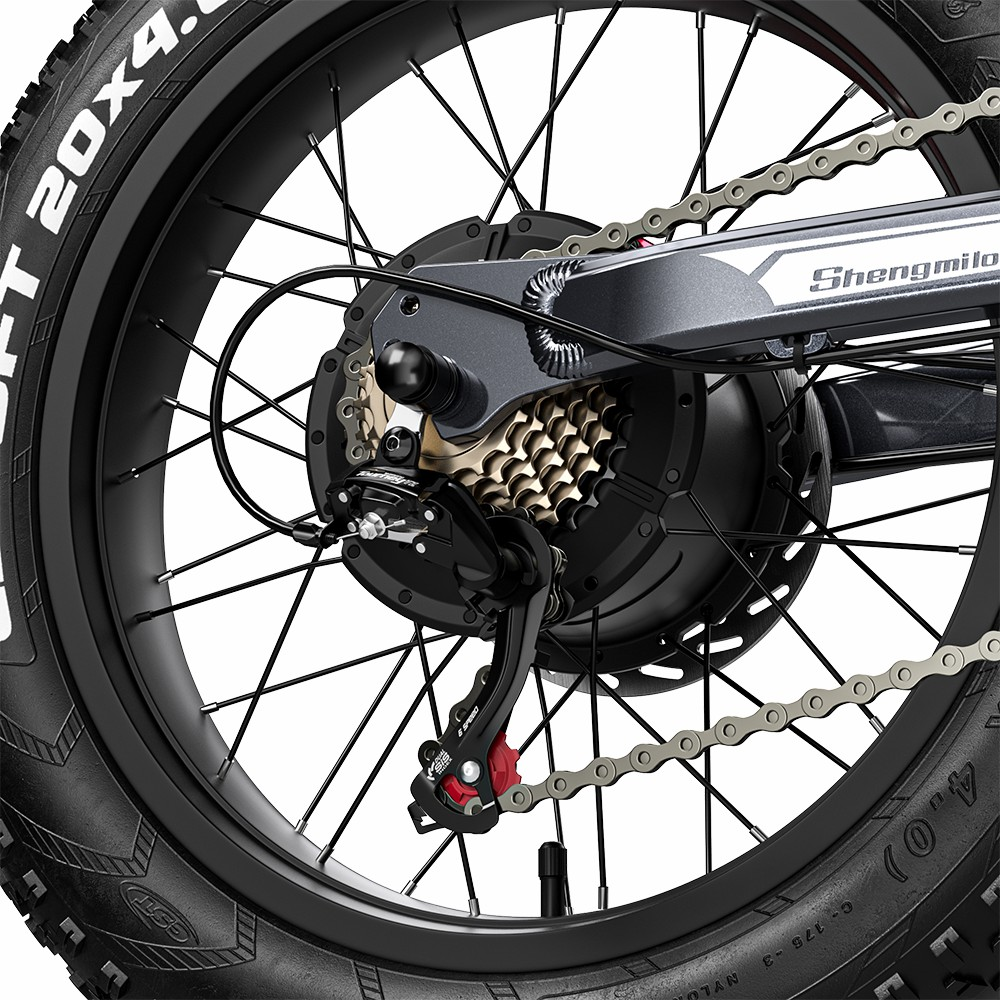 Primer plano de la rueda trasera de una e-bike, mostrando cadena, casete y motor.