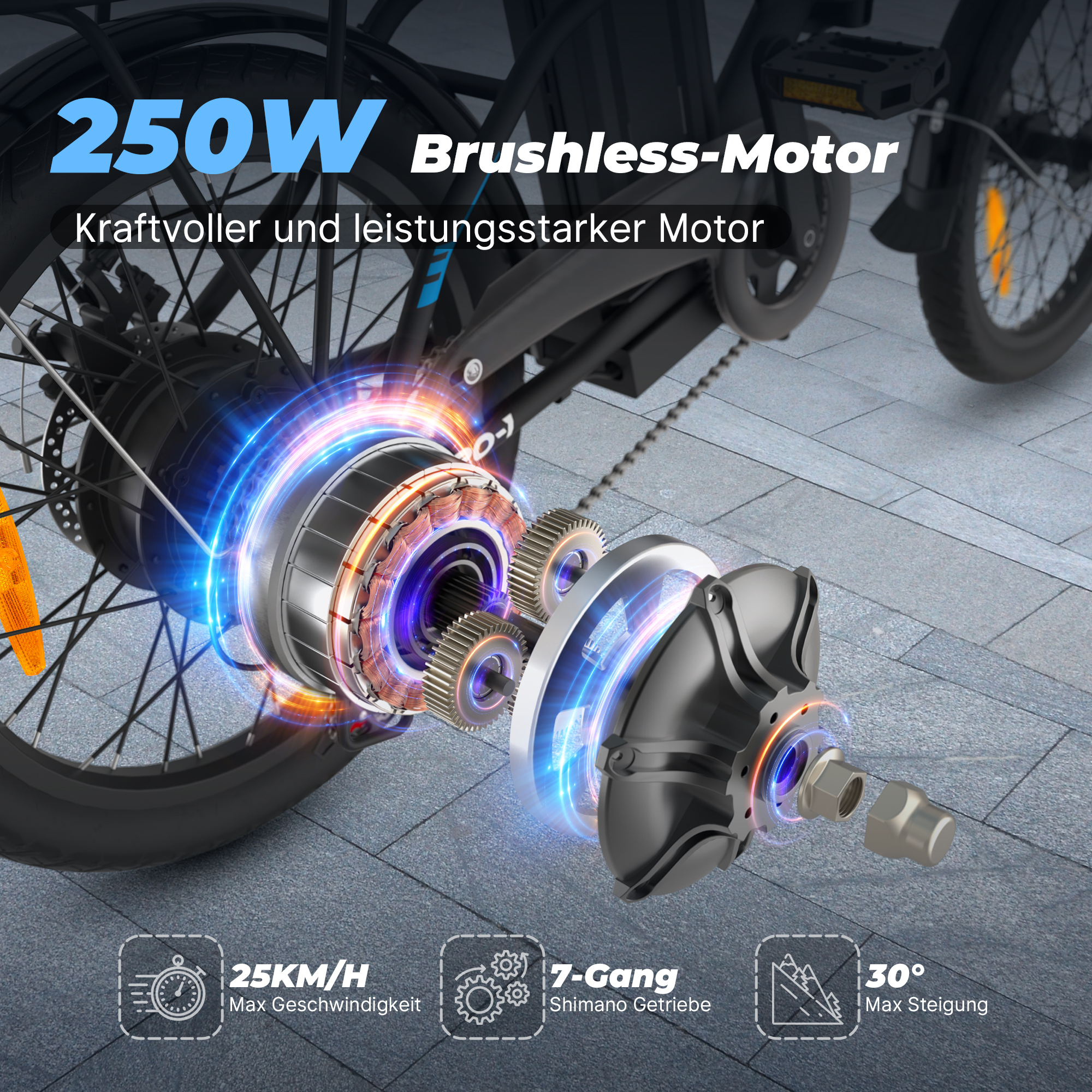Primer plano de un motor de e-bike con engranajes, mostrando especificaciones de velocidad y potencia.